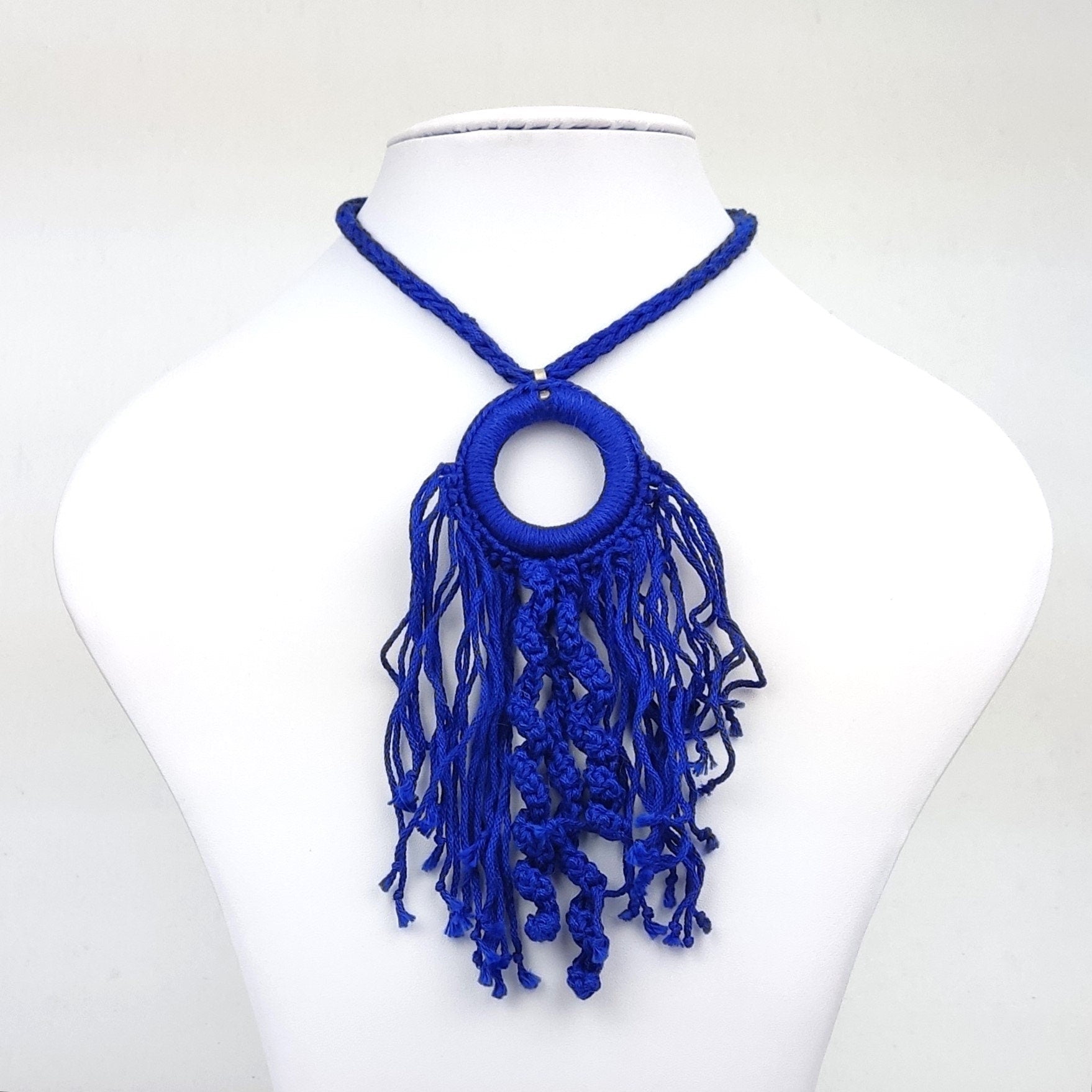 Royal Blue Crochet Fringe Pendant Necklace - Handmade Boho Statement Jewelry - StepToLight
