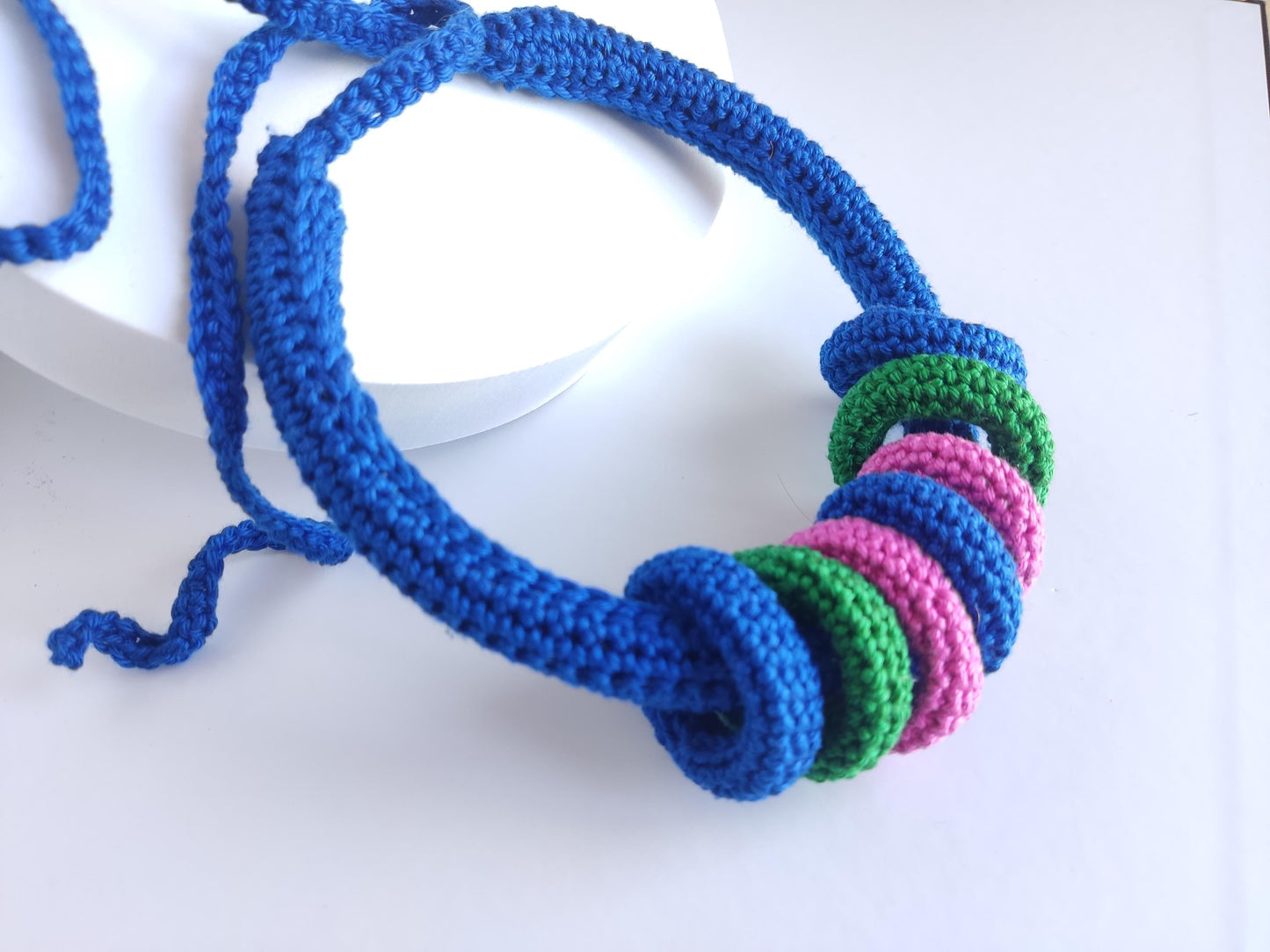 Royal Blue Multiway Crochet Statement Necklace - Curved Necklace & Chunky Rings, Adjustable, Customizable - StepToLight