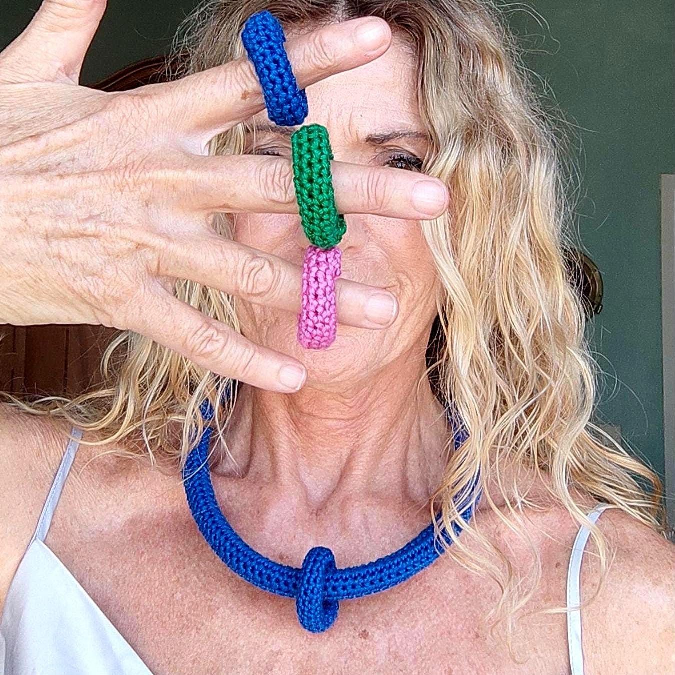 Royal Blue Multiway Crochet Statement Necklace - Curved Necklace & Chunky Rings, Adjustable, Customizable - StepToLight