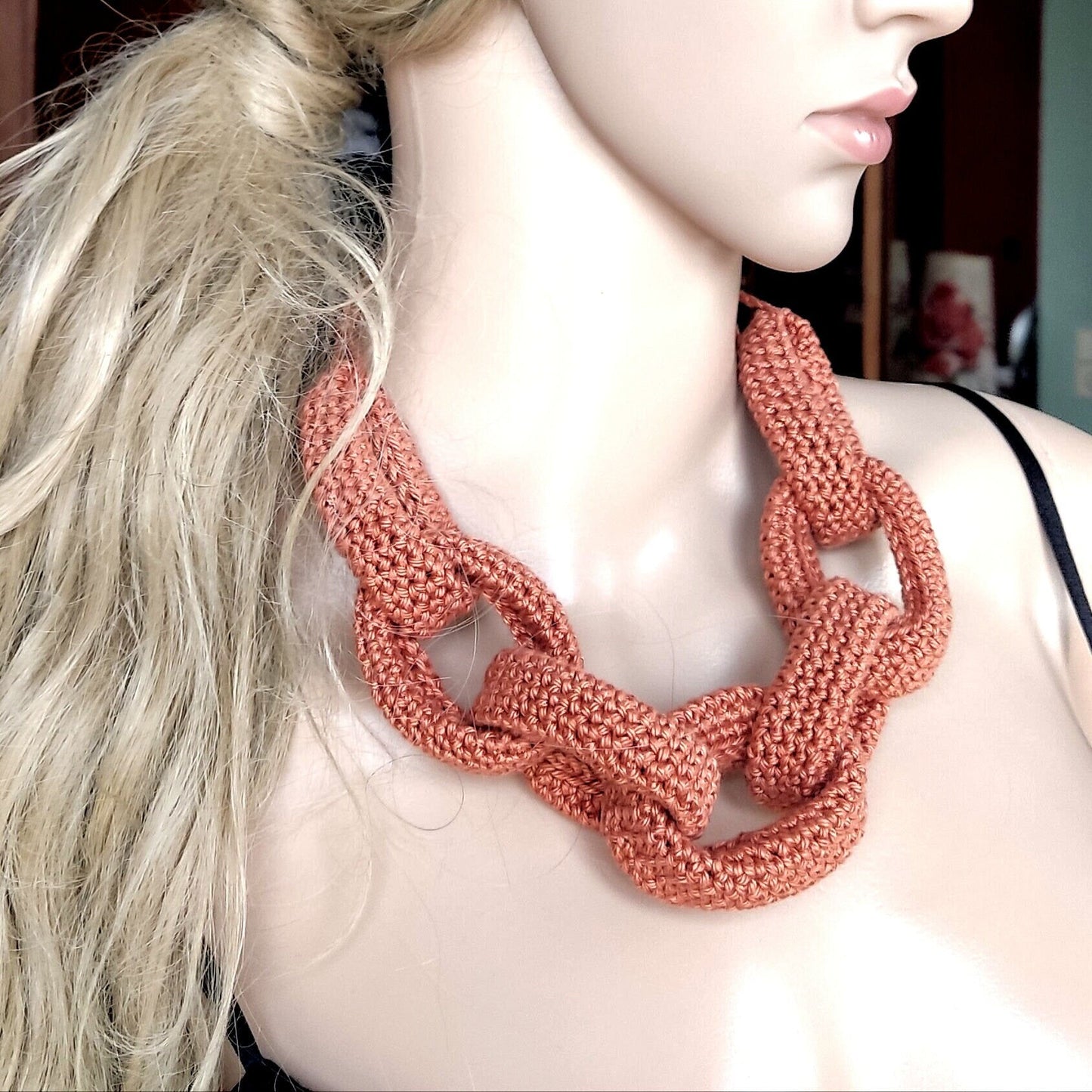 Rust Orange Chunky Crochet Statement Necklace - Handmade Braided Cotton Fall Winter Jewelry - StepToLight