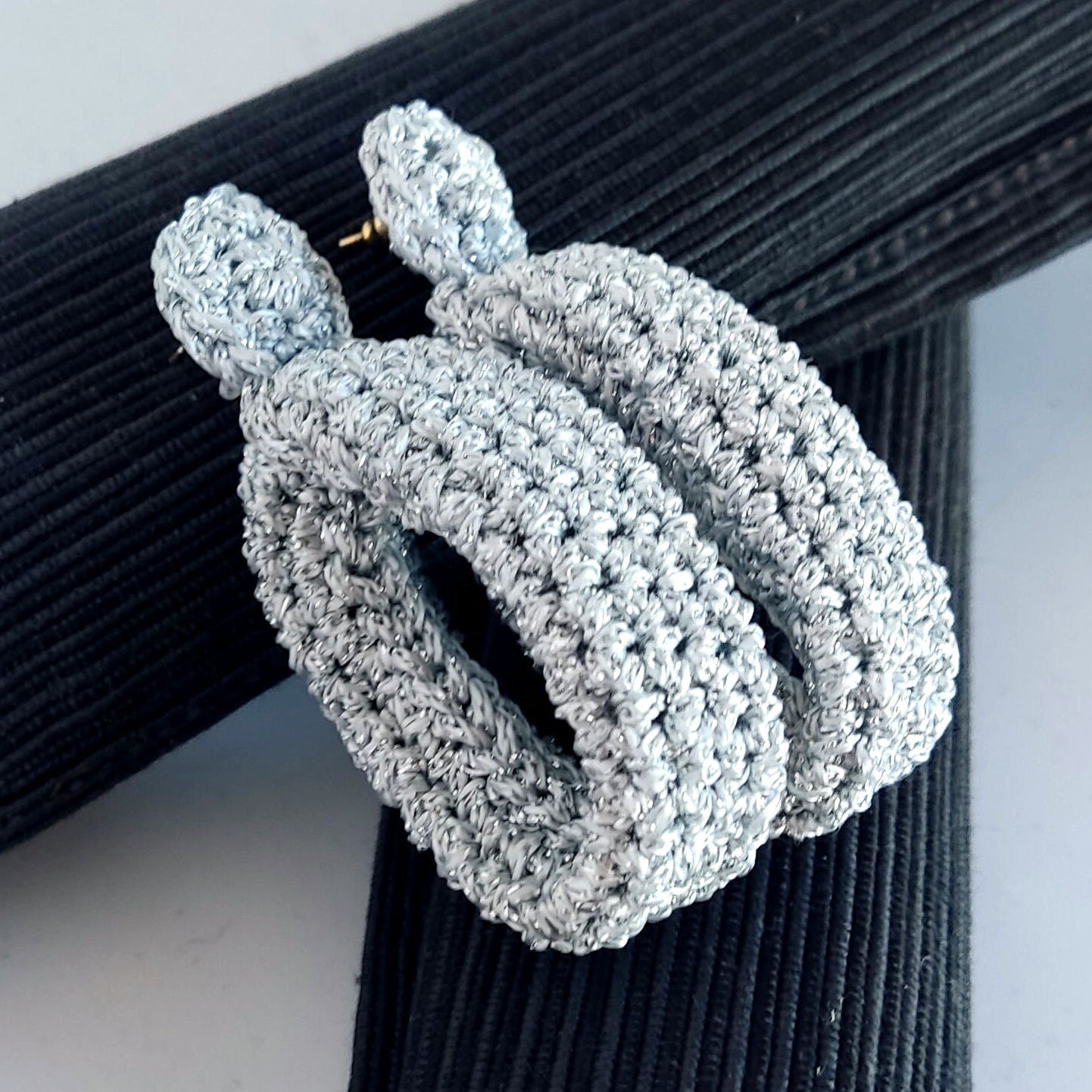 Silver Crochet Statement Earrings: Gold Plated Studs, Metallic Yarn - StepToLight