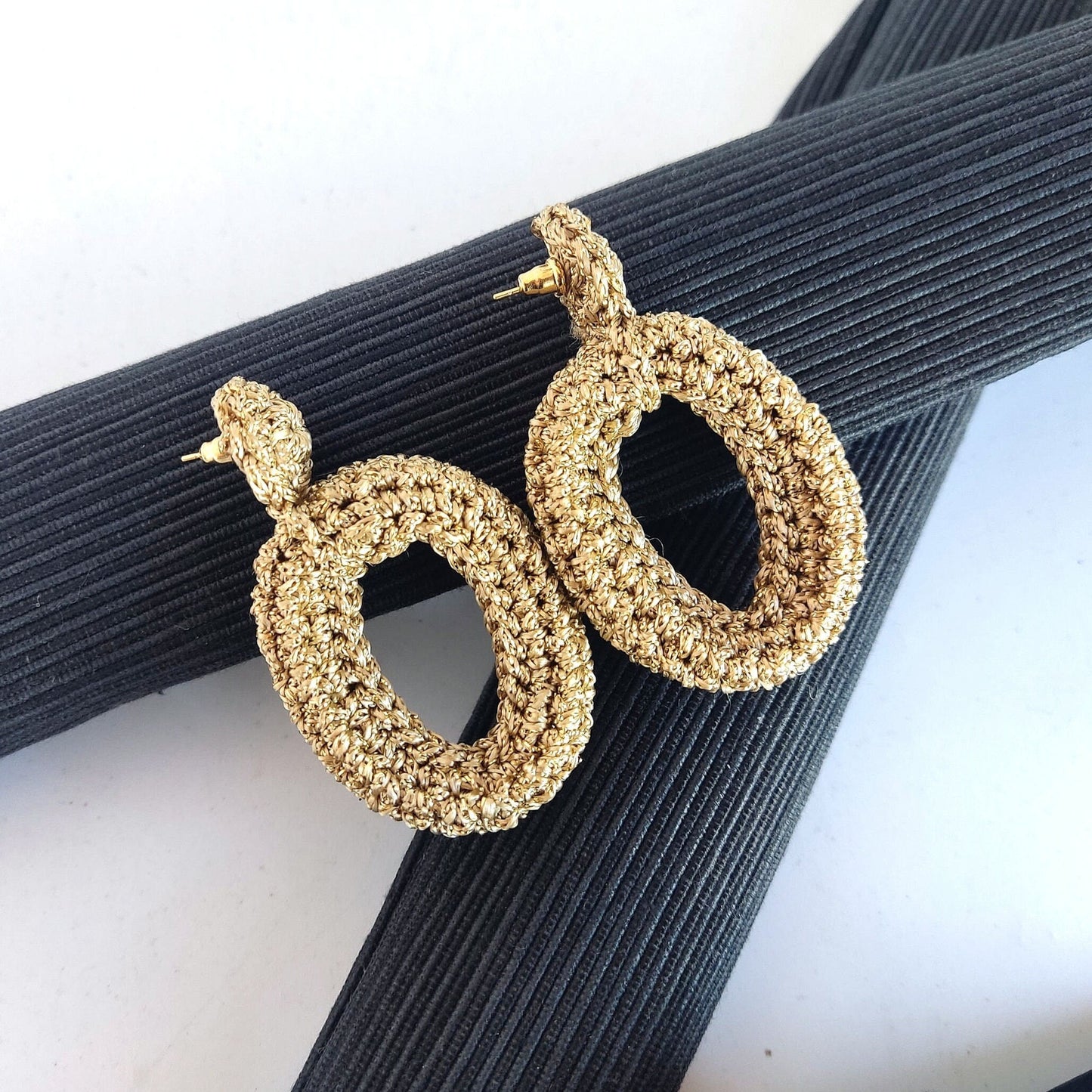 Silver Crochet Statement Earrings: Gold Plated Studs, Metallic Yarn - StepToLight