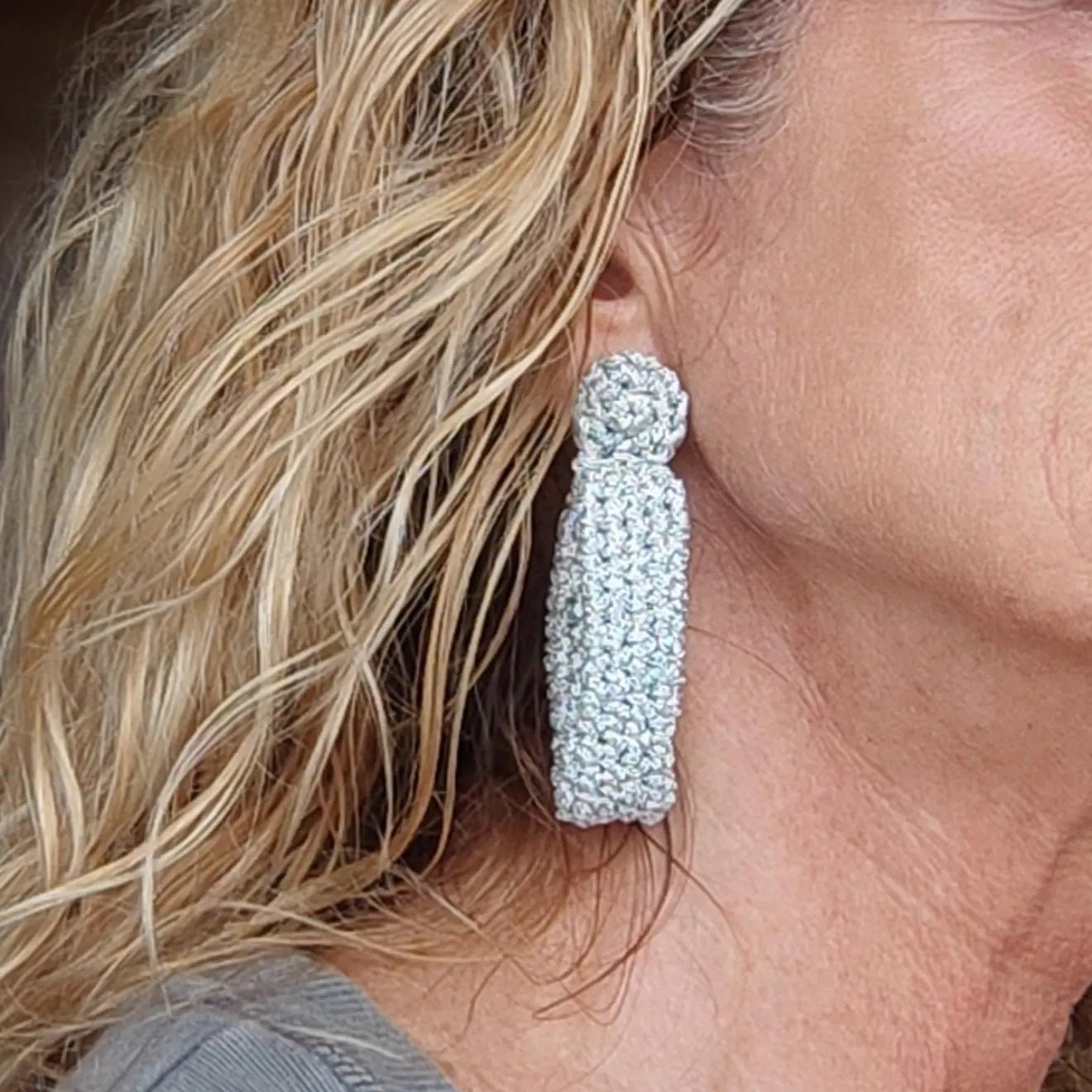 Silver Crochet Statement Earrings: goldPlated Studs, metalic Yarn - StepToLight