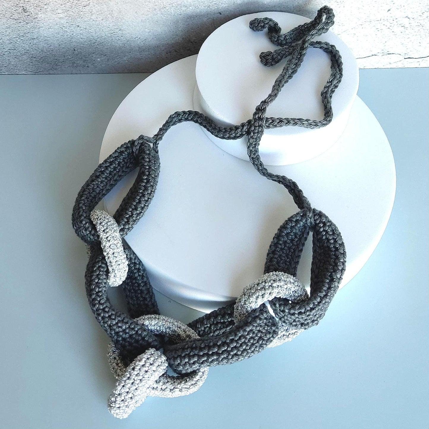 Silver Crochet Statement Earrings: goldPlated Studs, metalic Yarn - StepToLight