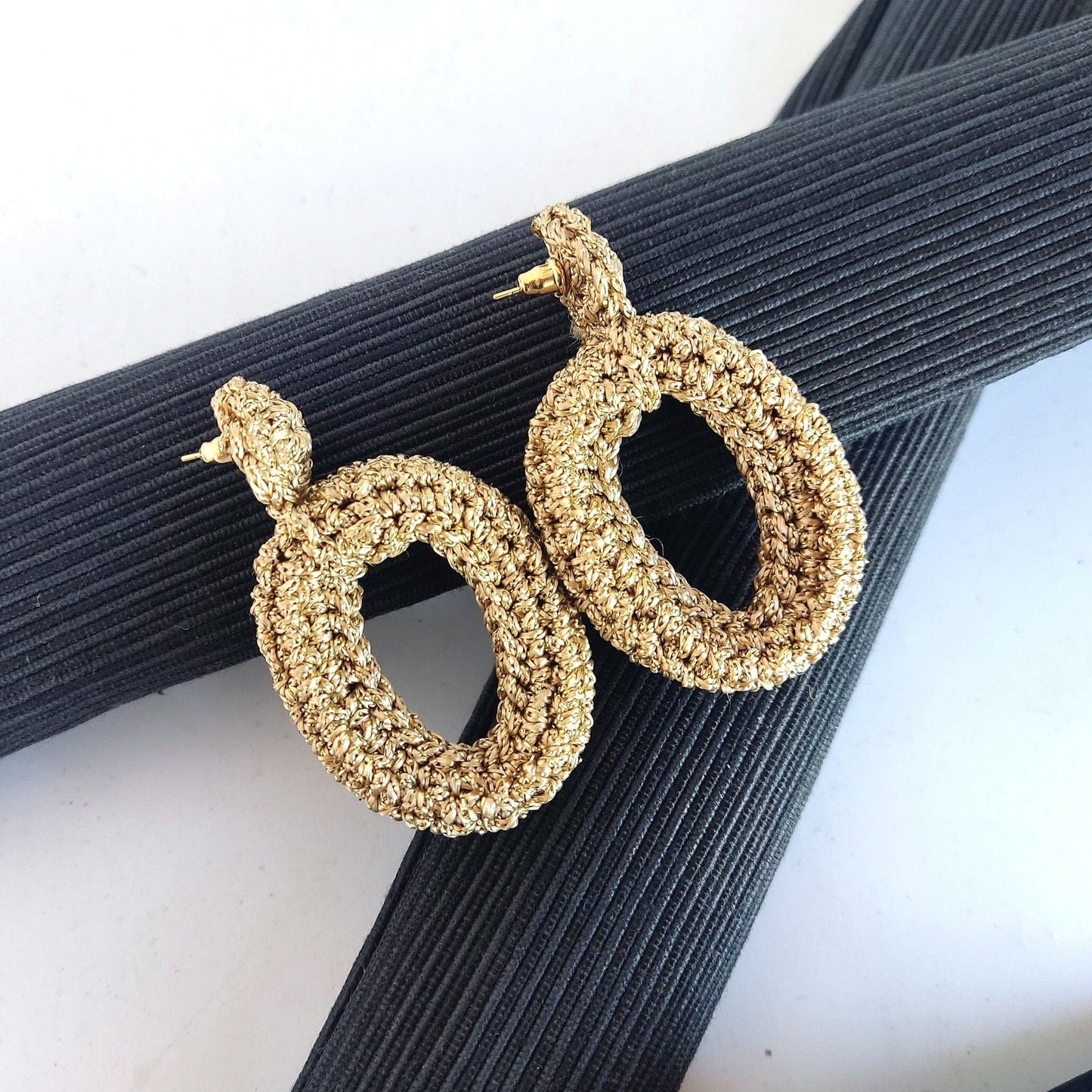 Silver Crochet Statement Earrings: goldPlated Studs, metalic Yarn - StepToLight