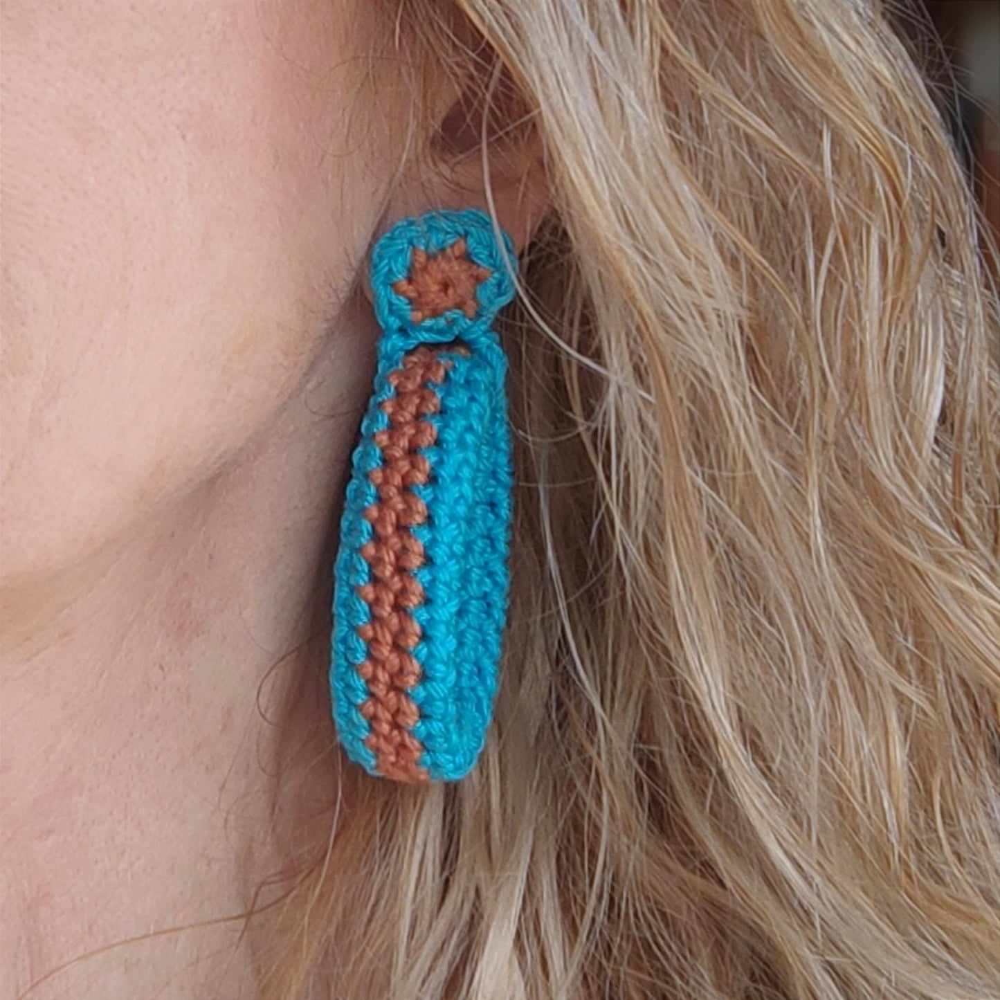Turquoise & Burnt Orange Crochet Hoop Earrings: Cotton Yarn, Gold Plated Studs - StepToLight