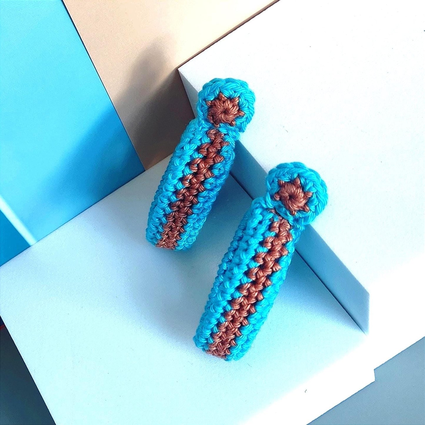 Turquoise & Burnt Orange Crochet Hoop Earrings: Cotton Yarn, Gold Plated Studs - StepToLight