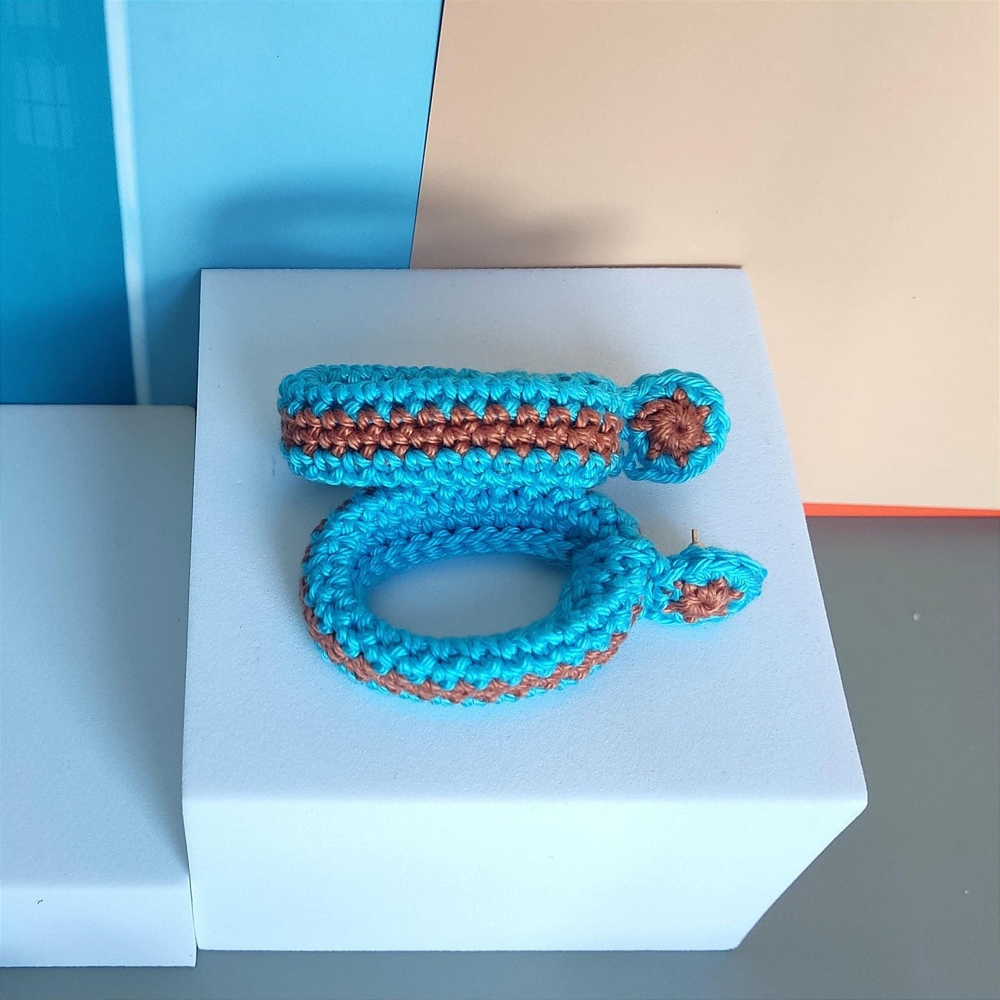 Turquoise & Burnt Orange Crochet Hoop Earrings: Cotton Yarn, Gold Plated Studs - StepToLight