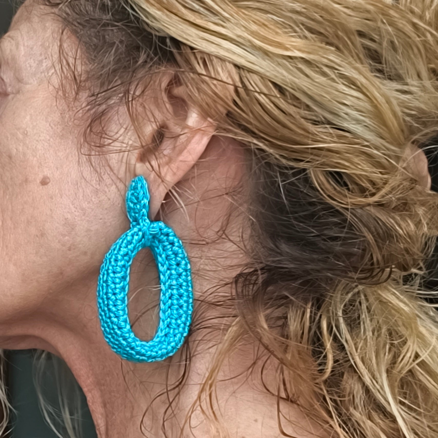 Turquoise Crochet Hoop Earrings - Handmade Boho Earrings - Lightweight Cotton - Gift for Her - StepToLight