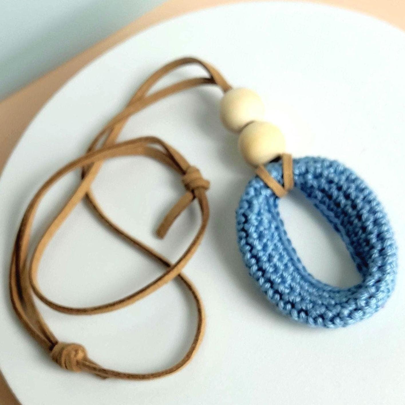 Turquoise & Orange Crochet Pendant Necklace - Ceramic Beads Adjustable Faux Suede Cord Boho Jewelry - StepToLight