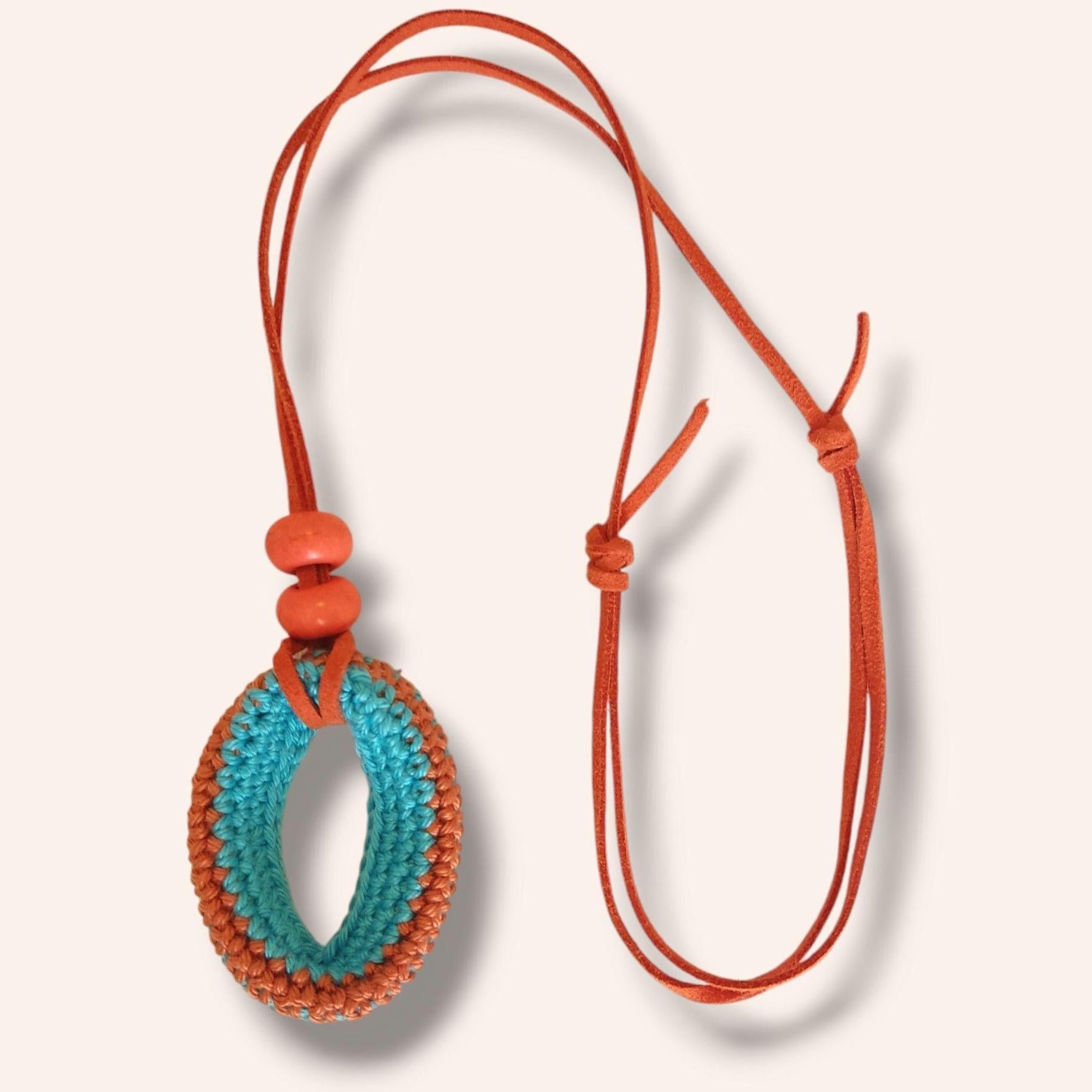 Turquoise & Orange Crochet Pendant Necklace - Ceramic Beads Adjustable Faux Suede Cord Boho Jewelry - StepToLight