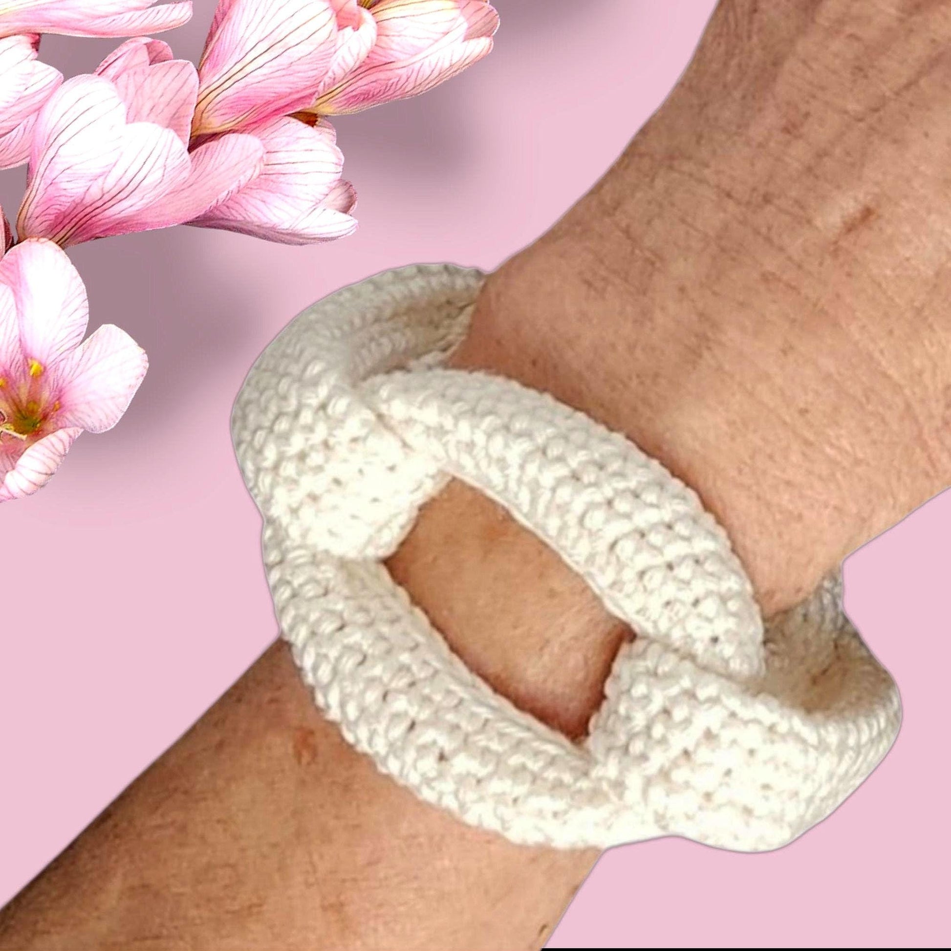White Braided Crochet Cuff Bracelet - Chunky Cotton Statement Jewelry - StepToLight