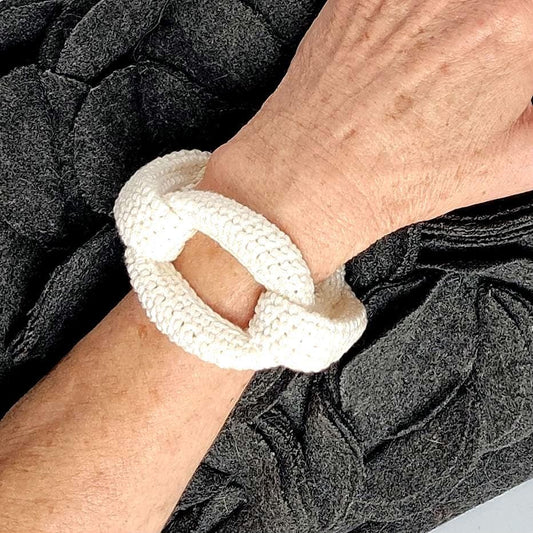 White Braided Crochet Cuff Bracelet - Chunky Cotton Statement Jewelry - StepToLight