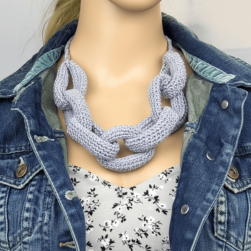 White Chunky Crochet Chain Statement Necklace - Handmade Braided Cotton Summer Jewelry - StepToLight