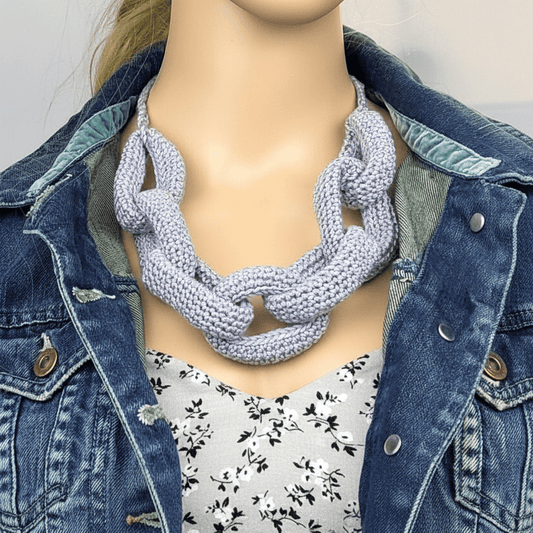 White Chunky Crochet Chain Statement Necklace - Handmade Braided Cotton Summer Jewelry - StepToLight