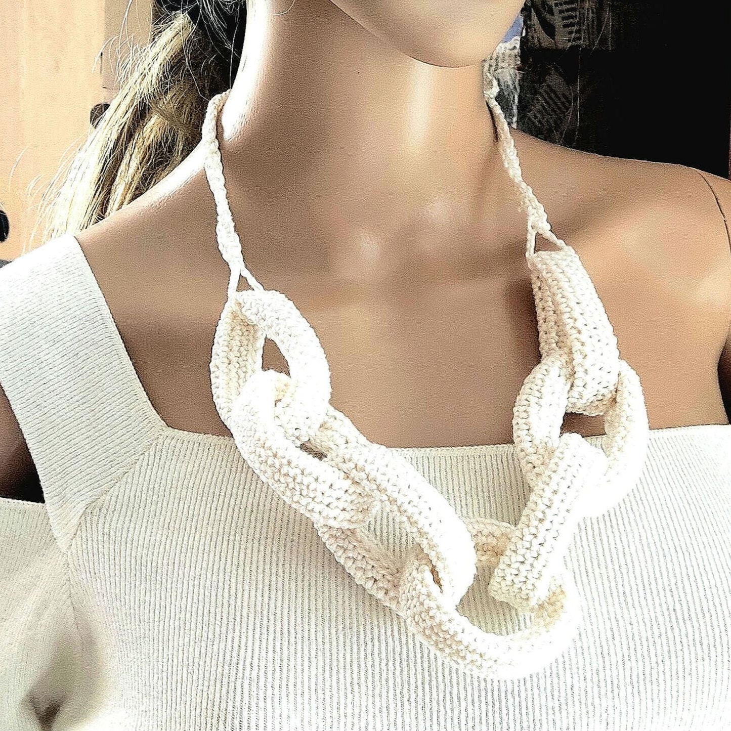 White Chunky Crochet Chain Statement Necklace - Handmade Braided Cotton Summer Jewelry - StepToLight