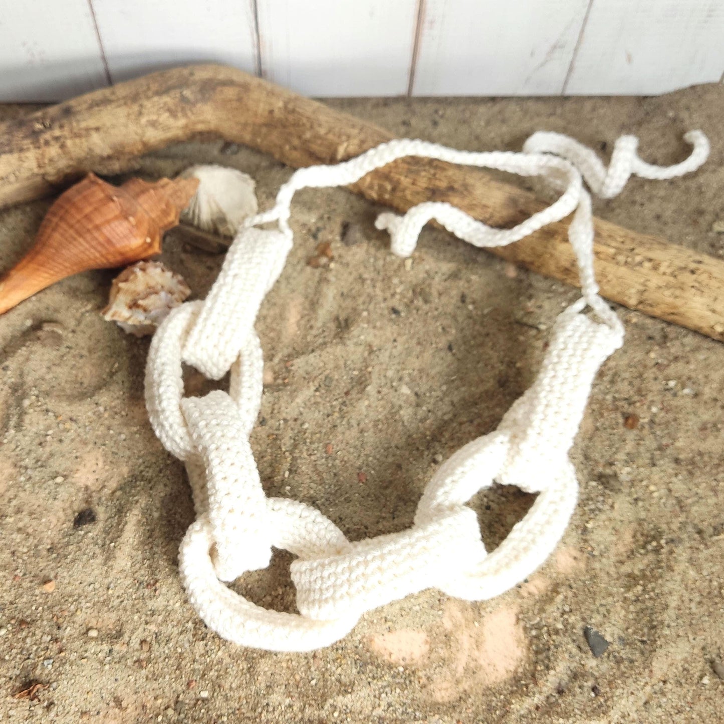 White Chunky Crochet Chain Statement Necklace - Handmade Braided Cotton Summer Jewelry - StepToLight