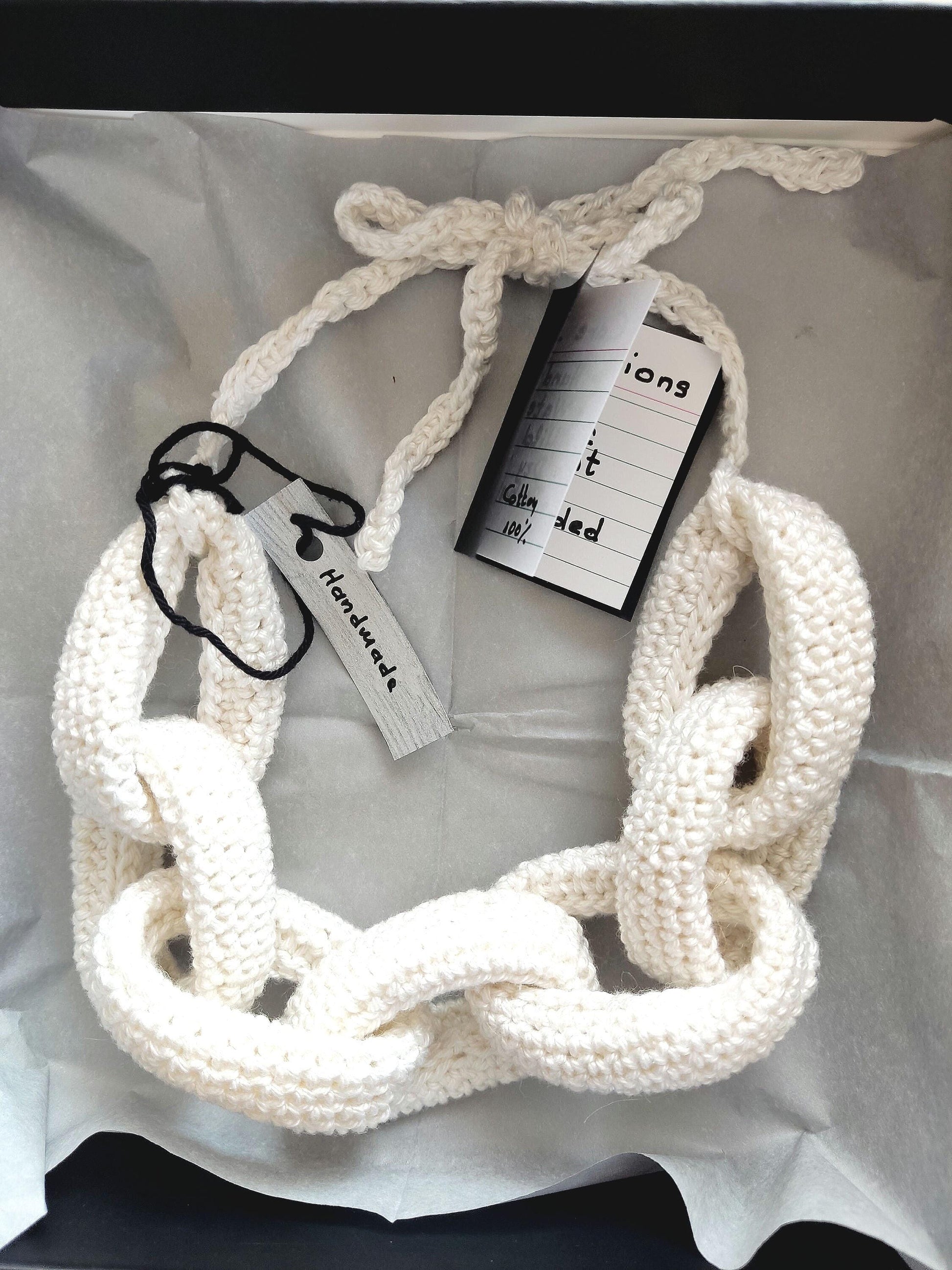 White Chunky Crochet Chain Statement Necklace - Handmade Braided Cotton Summer Jewelry - StepToLight