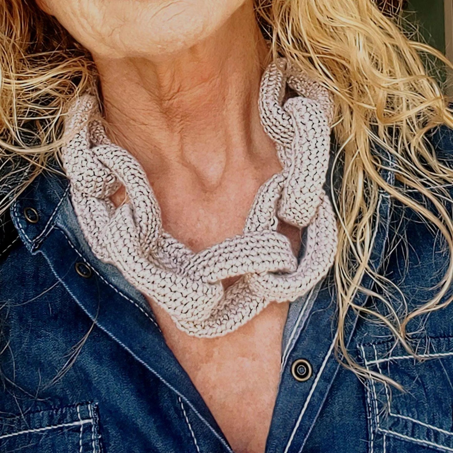 White Chunky Crochet Chain Statement Necklace - Handmade Braided Cotton Summer Jewelry - StepToLight