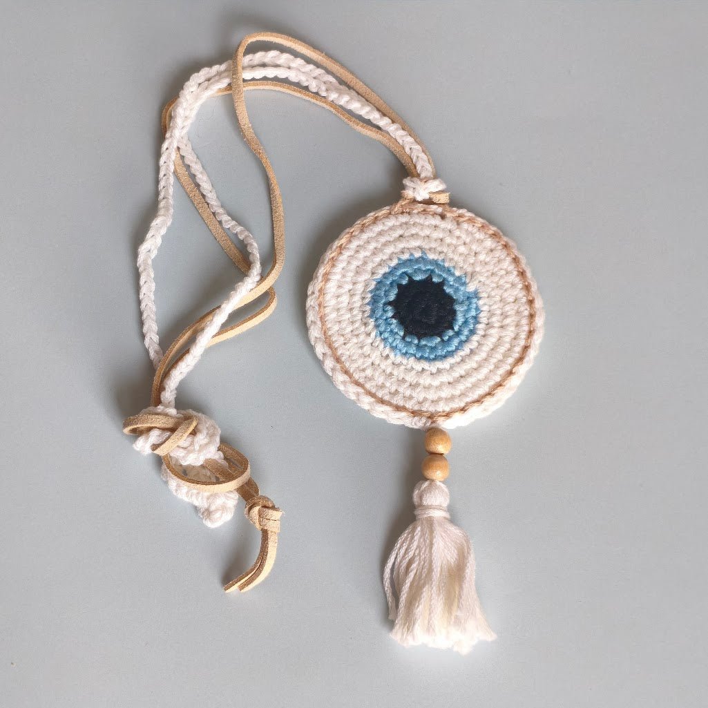 White Crochet Evil Eye Pendant Necklace - Beaded Tassel Boho Protection Jewelry - StepToLight