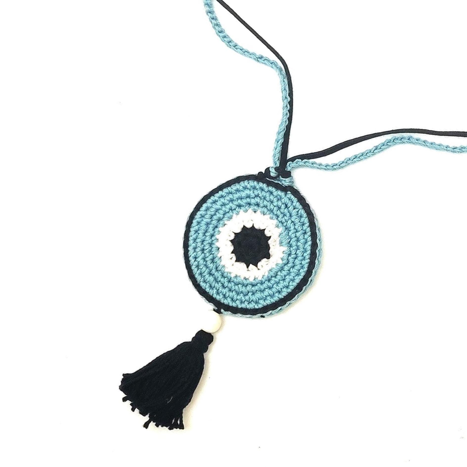 White Crochet Evil Eye Pendant Necklace - Beaded Tassel Boho Protection Jewelry - StepToLight