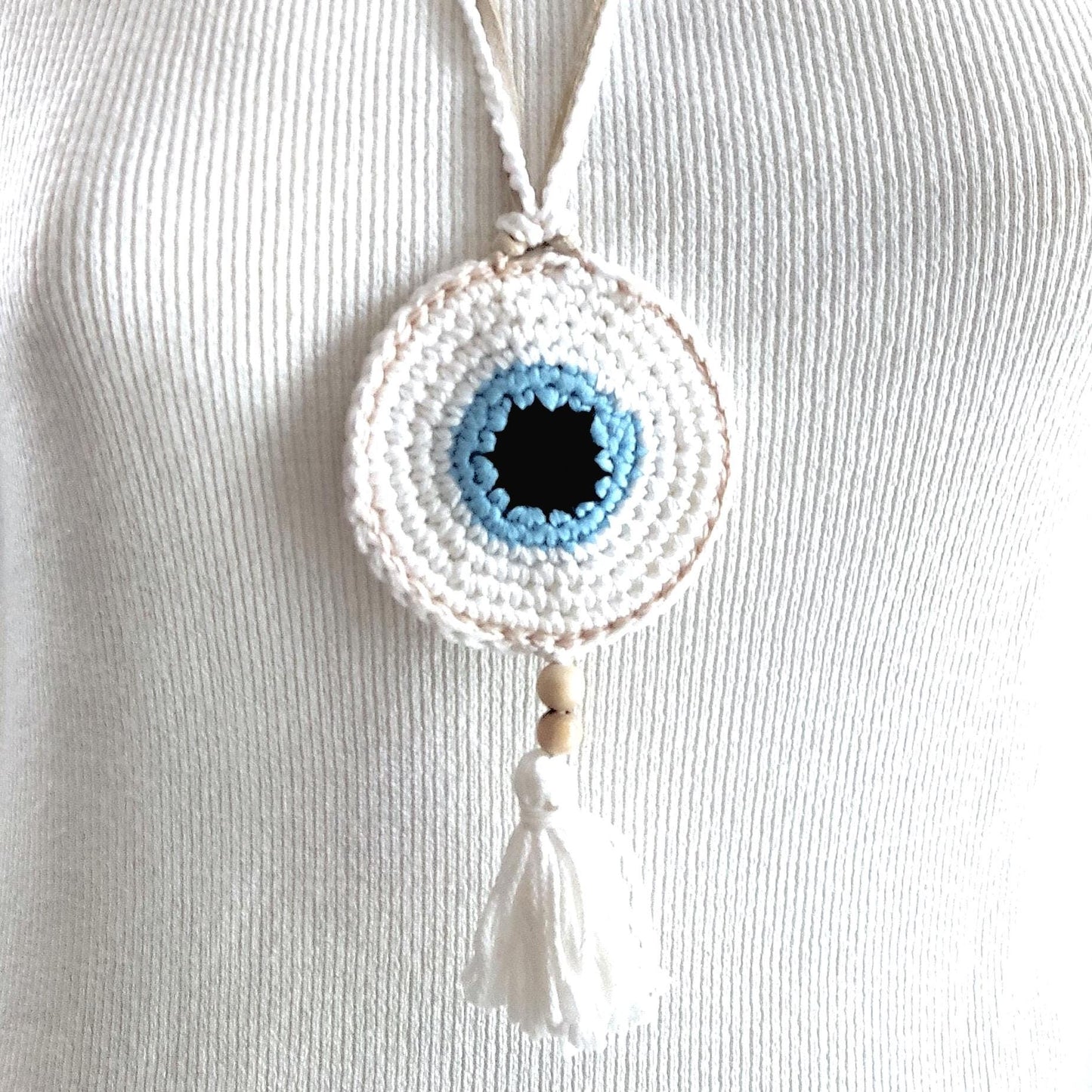 White Crochet Evil Eye Pendant Necklace - Beaded Tassel Boho Protection Jewelry - StepToLight