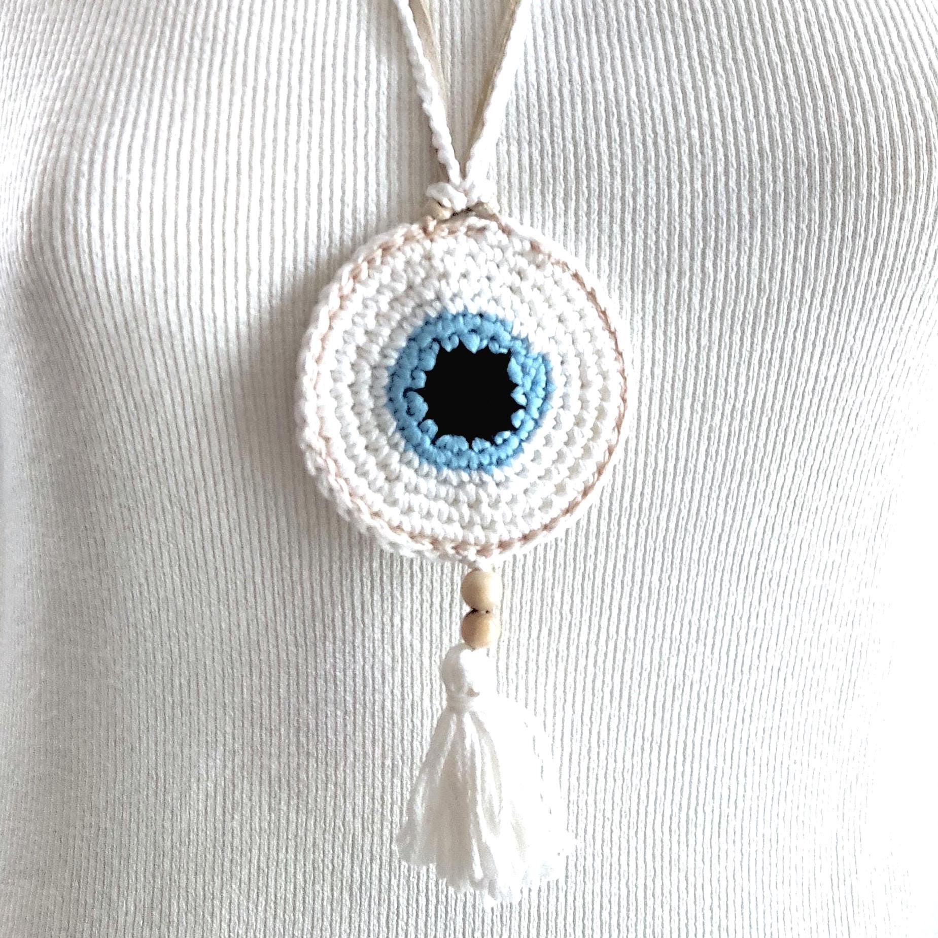 White Crochet Evil Eye Pendant Necklace - Beaded Tassel Boho Protection Jewelry - StepToLight
