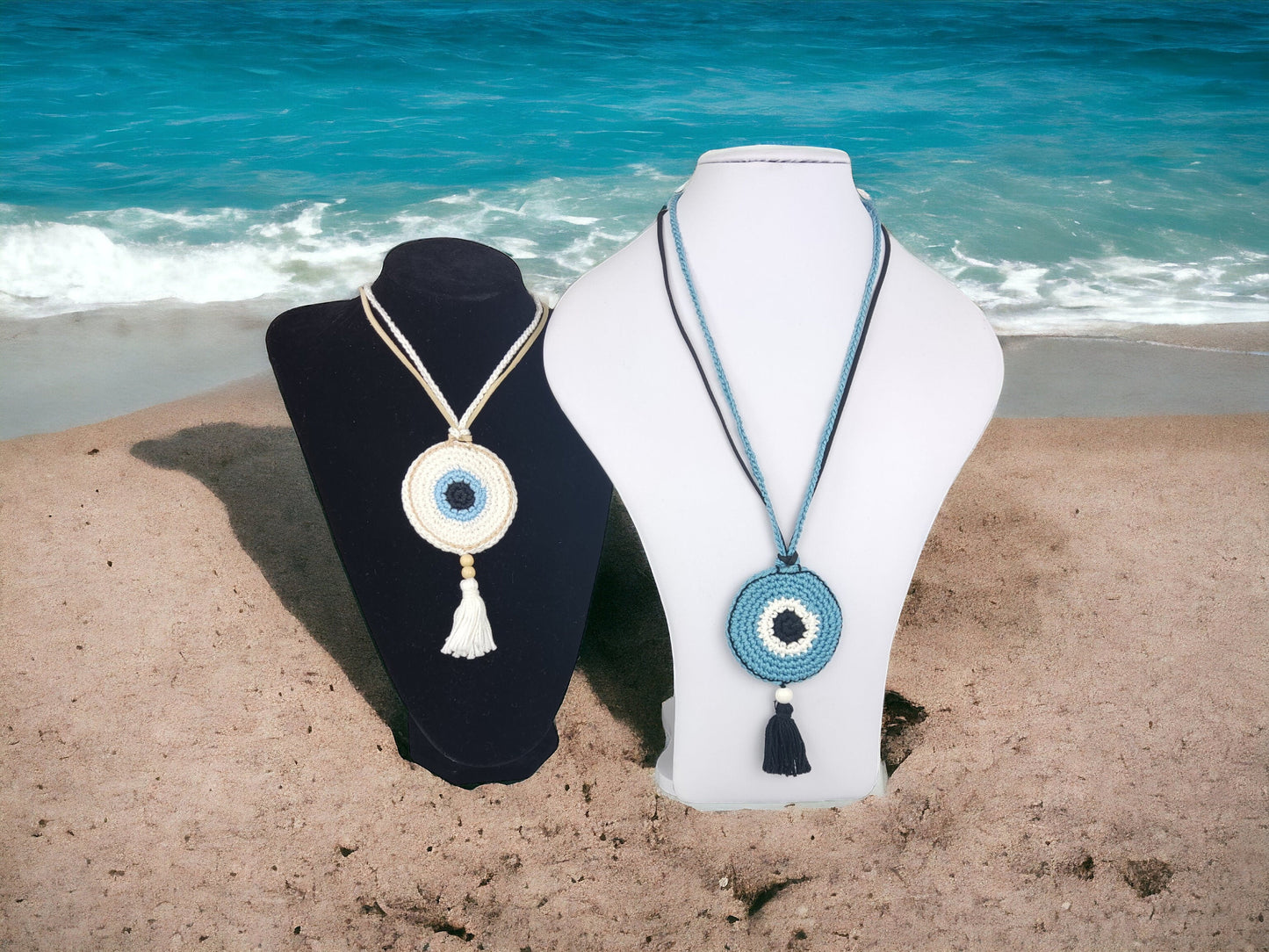 White Crochet Evil Eye Pendant Necklace - Beaded Tassel Boho Protection Jewelry - StepToLight