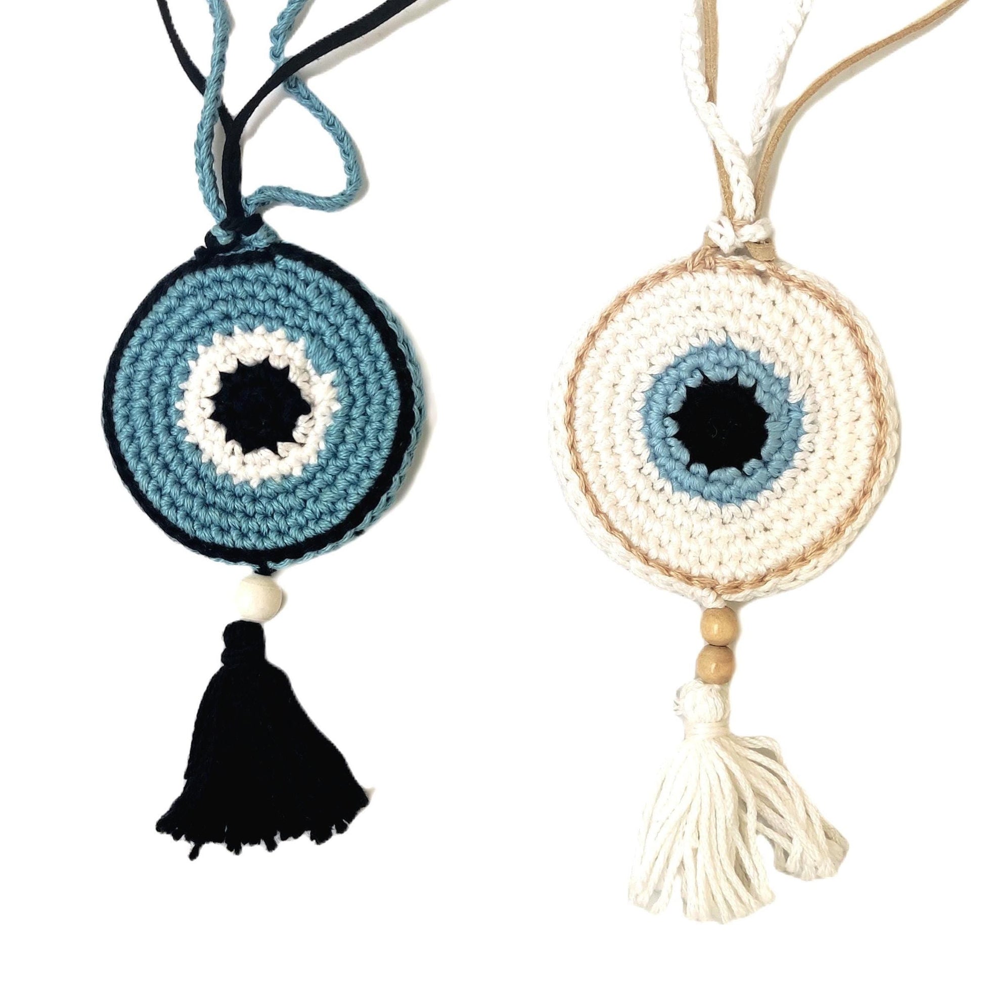 White Crochet Evil Eye Pendant Necklace - Beaded Tassel Boho Protection Jewelry - StepToLight