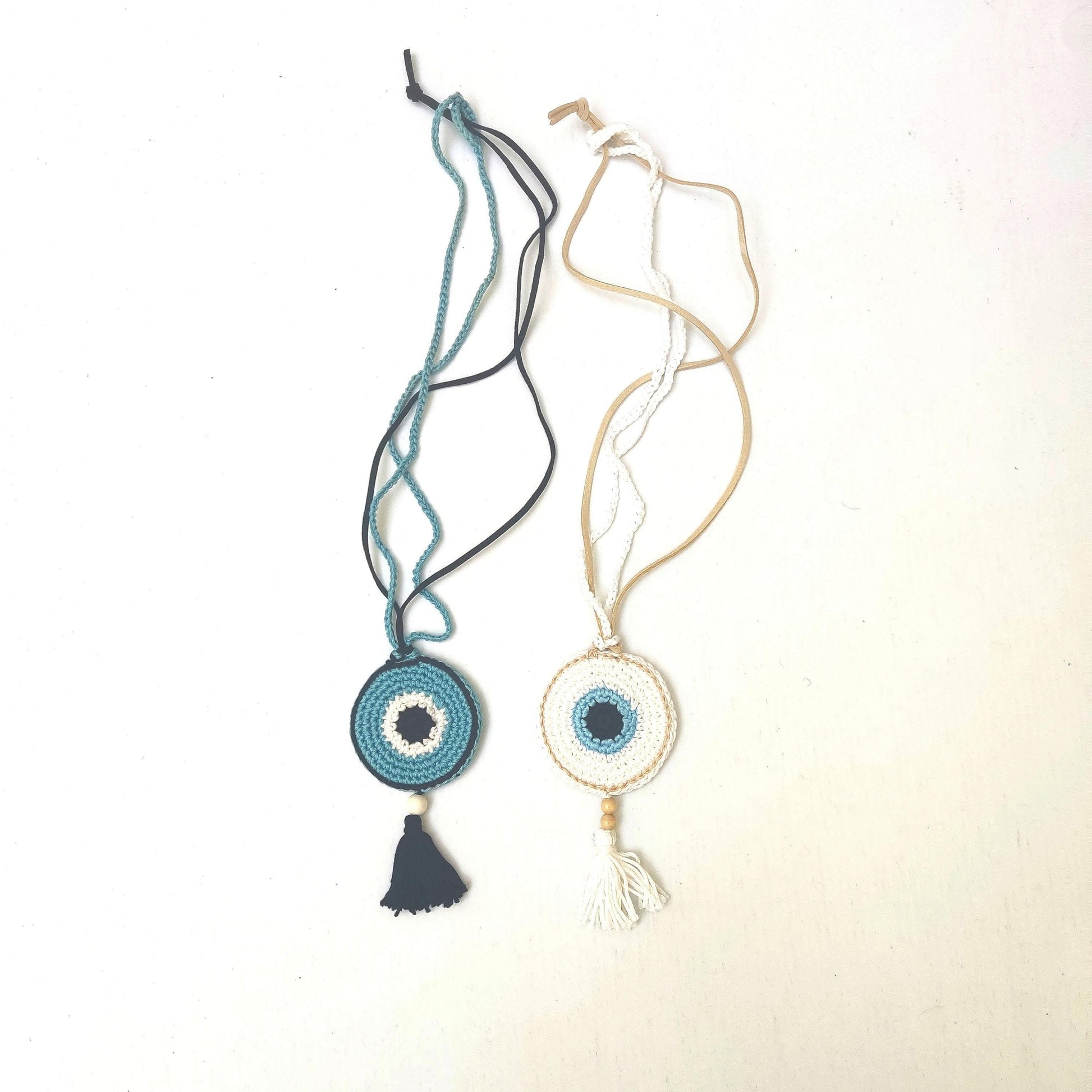 White Crochet Evil Eye Pendant Necklace - Beaded Tassel Boho Protection Jewelry - StepToLight