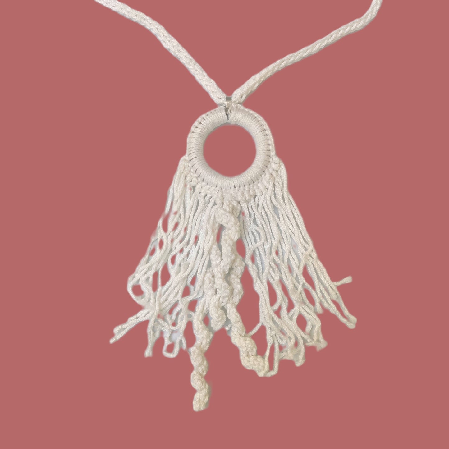 White Crochet Fringe Pendant Necklace - Handmade Boho Statement Jewelry - StepToLight