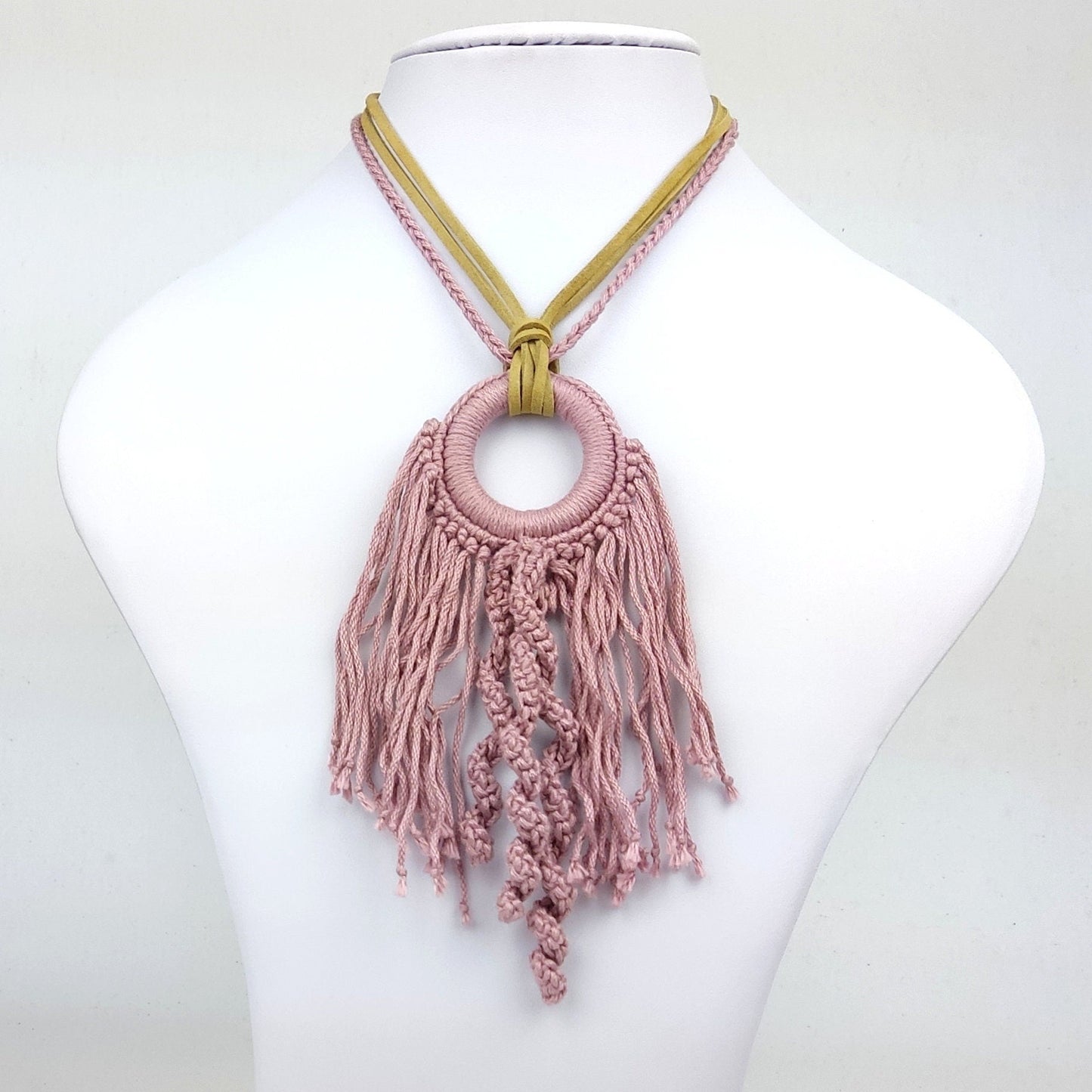 White Crochet Fringe Pendant Necklace - Handmade Boho Statement Jewelry - StepToLight