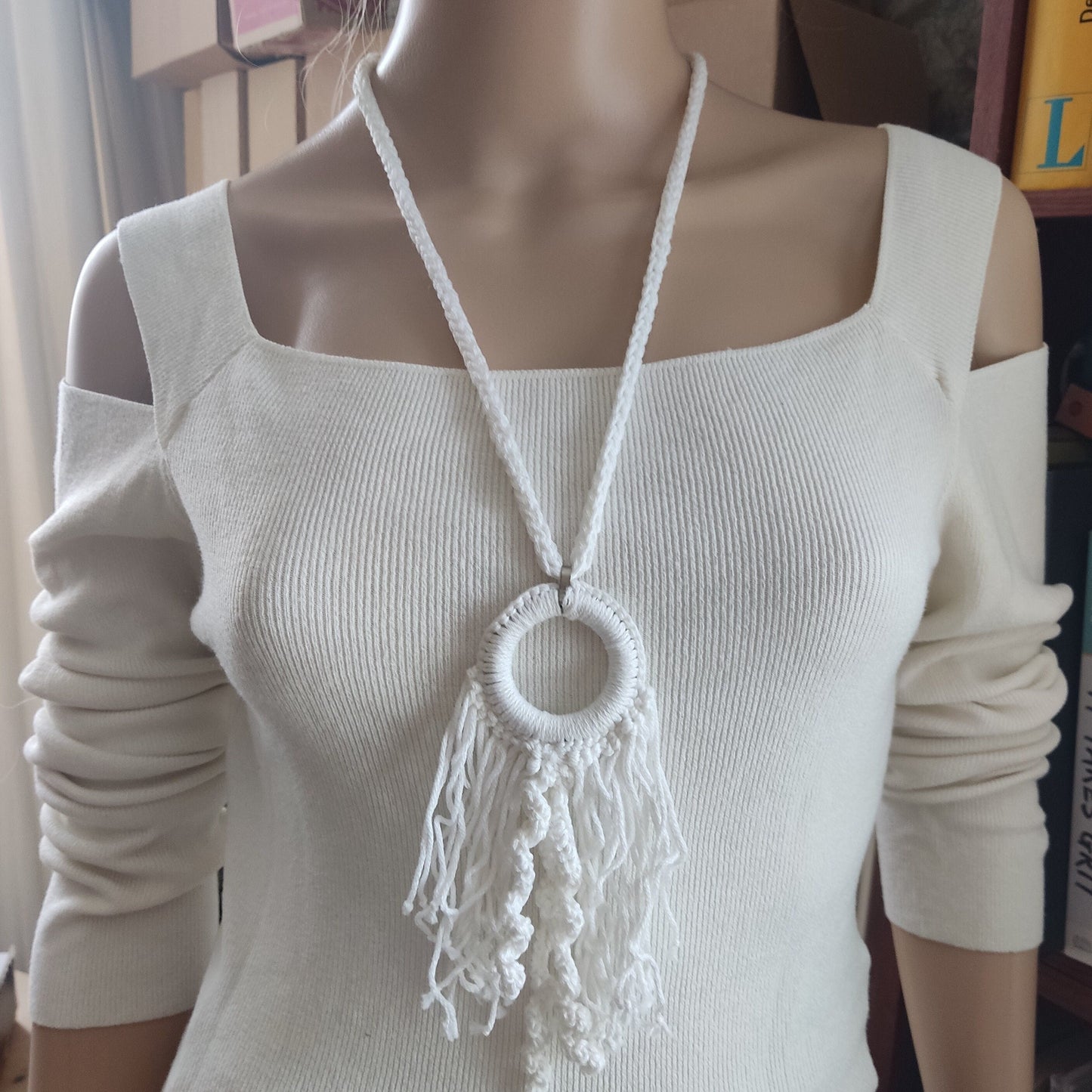 White Crochet Fringe Pendant Necklace - Handmade Boho Statement Jewelry - StepToLight