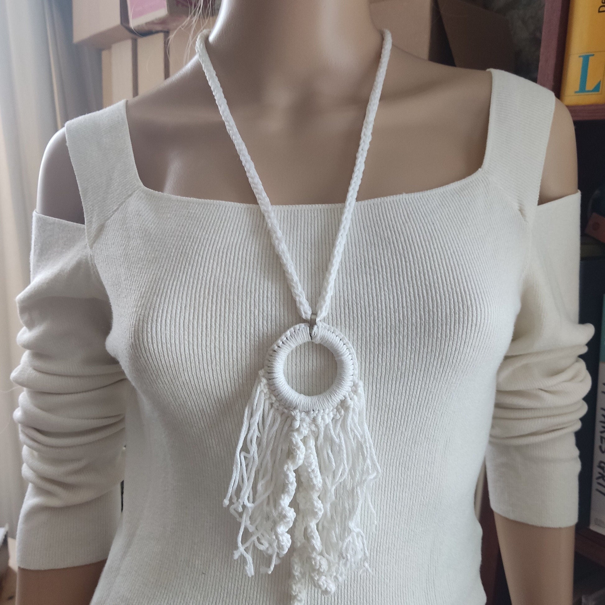 White Crochet Fringe Pendant Necklace - Handmade Boho Statement Jewelry - StepToLight