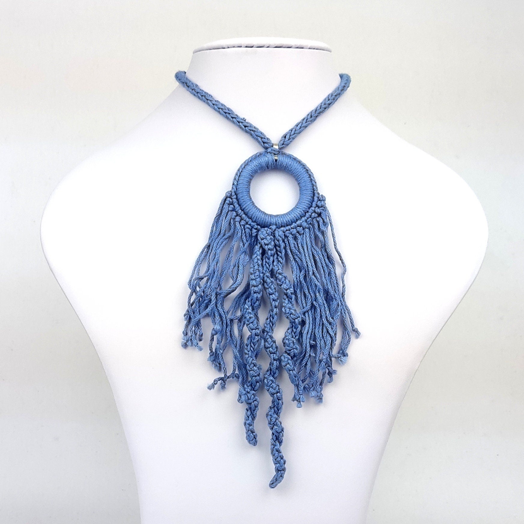 White Crochet Fringe Pendant Necklace - Handmade Boho Statement Jewelry - StepToLight
