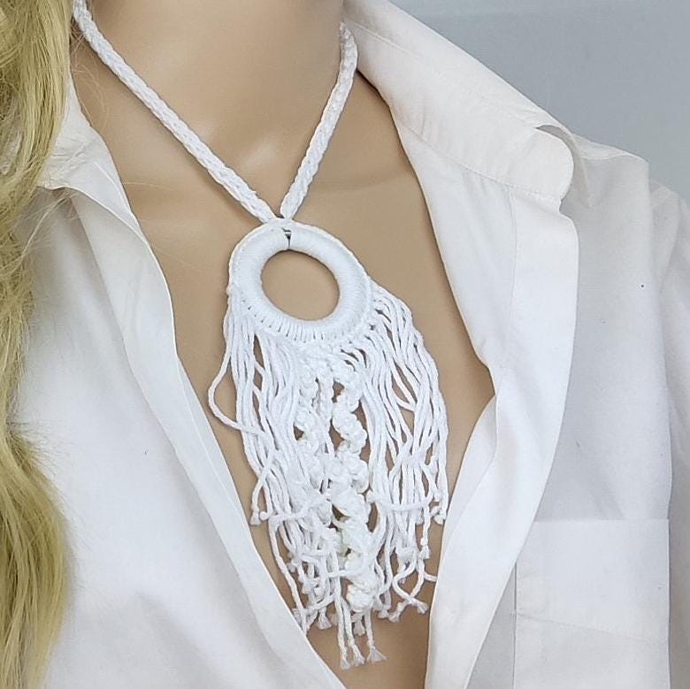 White Crochet Fringe Pendant Necklace - Handmade Boho Statement Jewelry - StepToLight