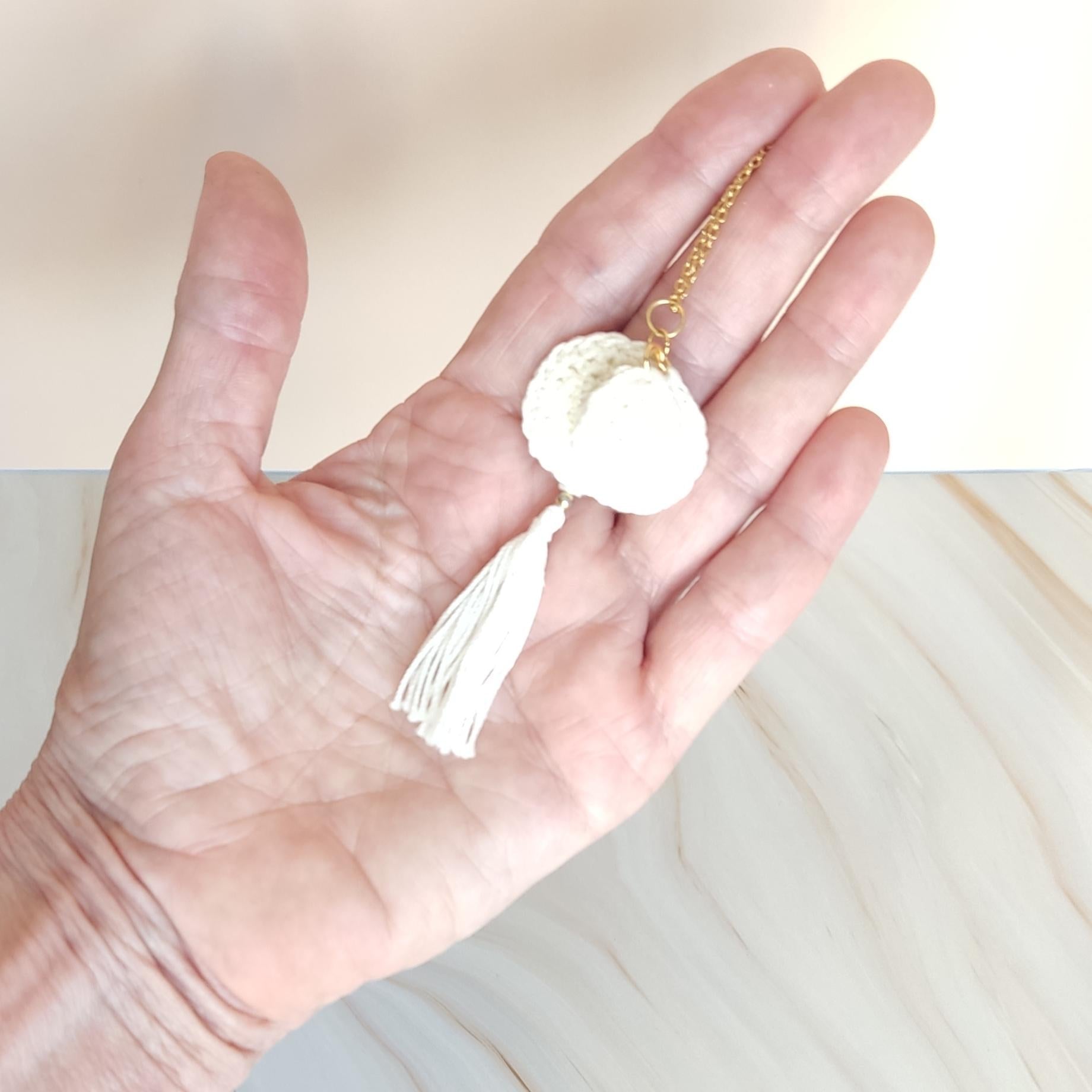 White Crochet Pendant Necklace - Handmade Boho Tassel Statement Jewelry - StepToLight