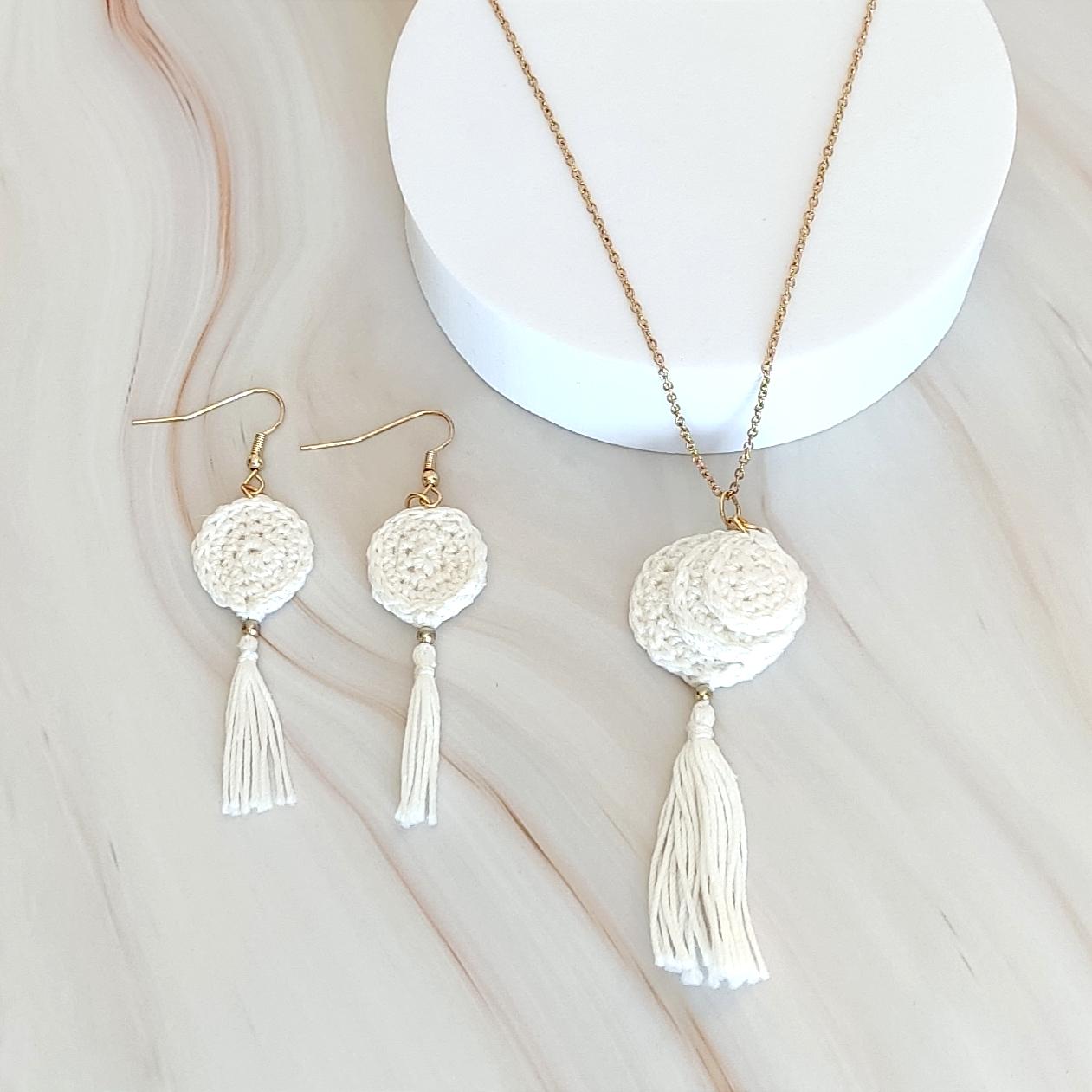 White Crochet Pendant Necklace - Handmade Boho Tassel Statement Jewelry - StepToLight