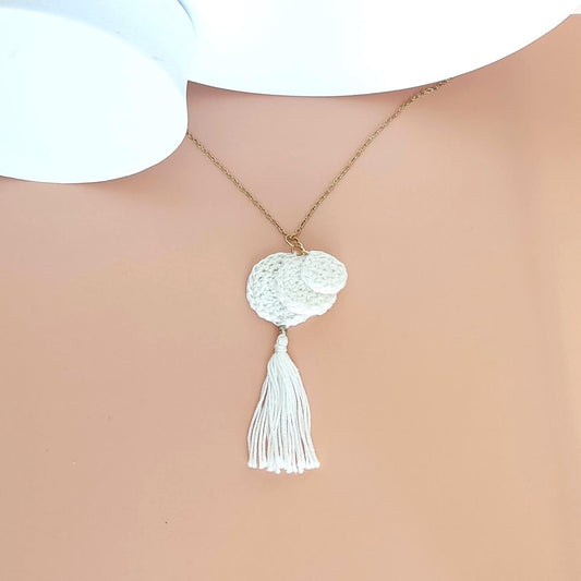 White Crochet Pendant Necklace - Handmade Boho Tassel Statement Jewelry - StepToLight