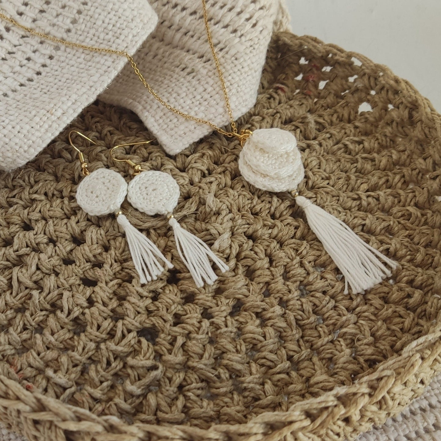 White Crochet Pendant Necklace - Handmade Boho Tassel Statement Jewelry - StepToLight