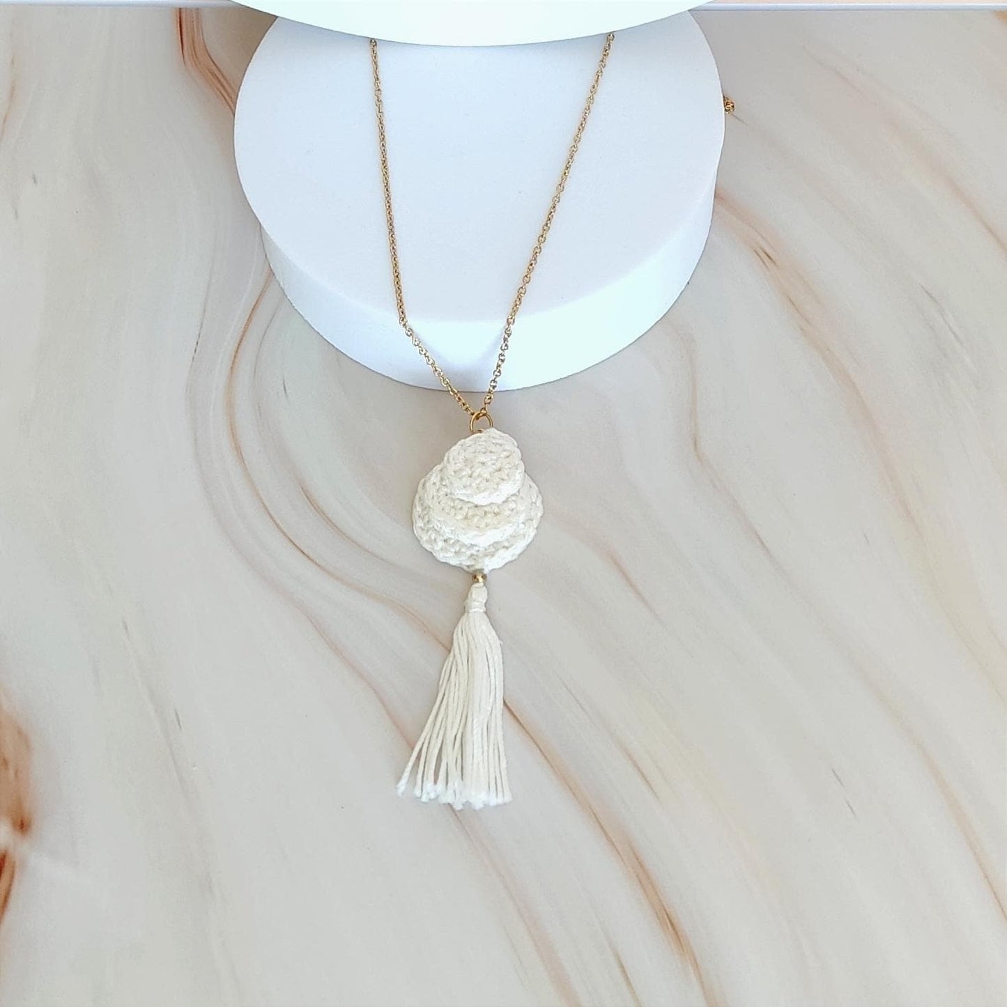 White Crochet Pendant Necklace - Handmade Boho Tassel Statement Jewelry - StepToLight