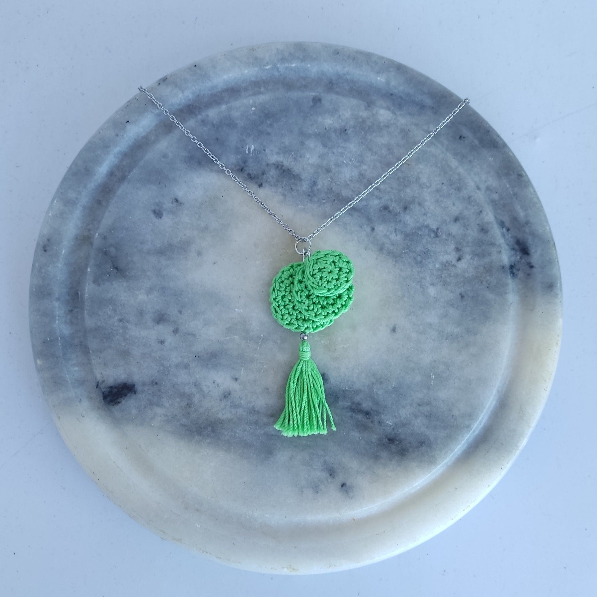 White Crochet Pendant Necklace - Handmade Boho Tassel Statement Jewelry - StepToLight