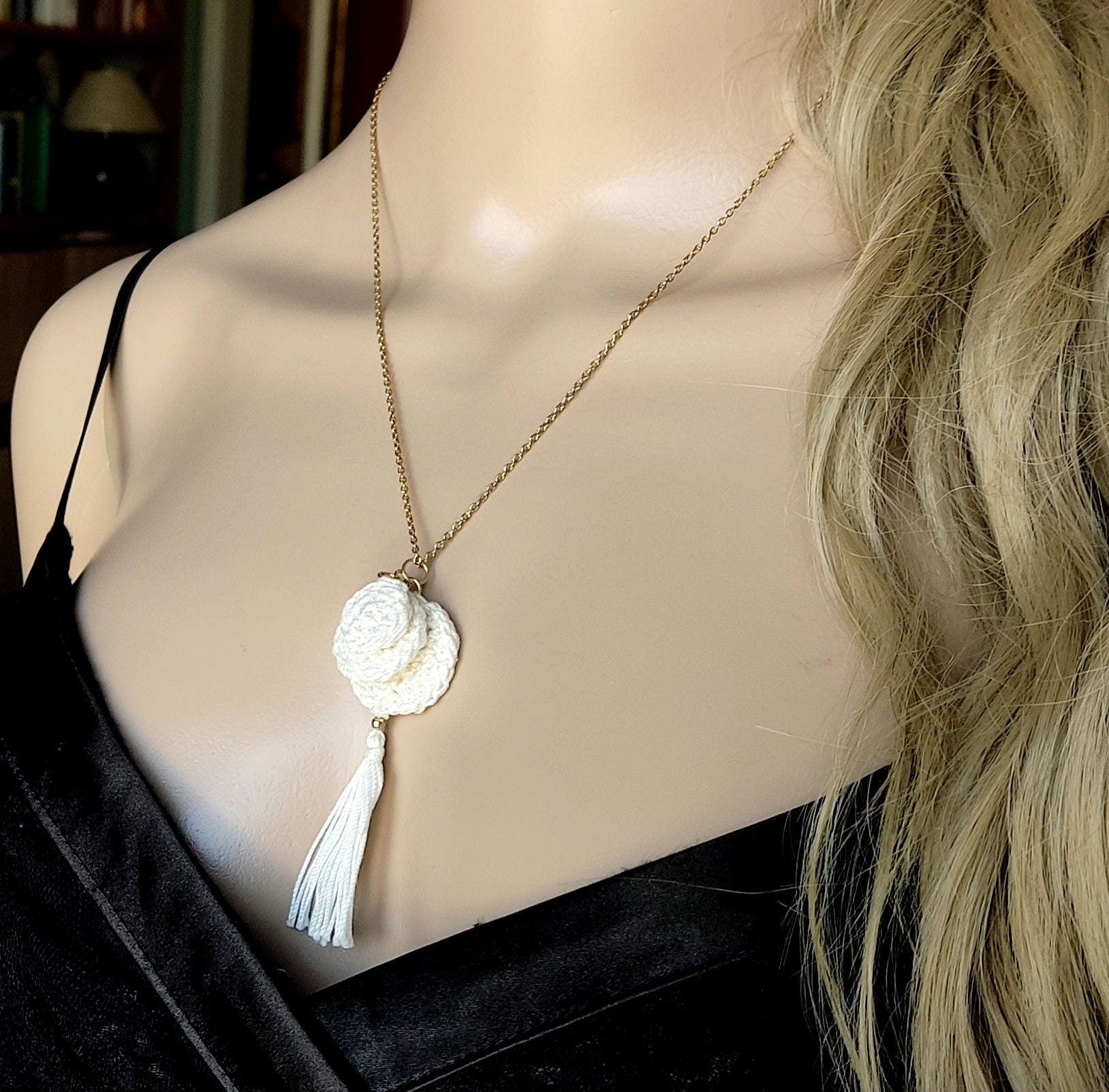 White Crochet Pendant Necklace - Handmade Boho Tassel Statement Jewelry - StepToLight