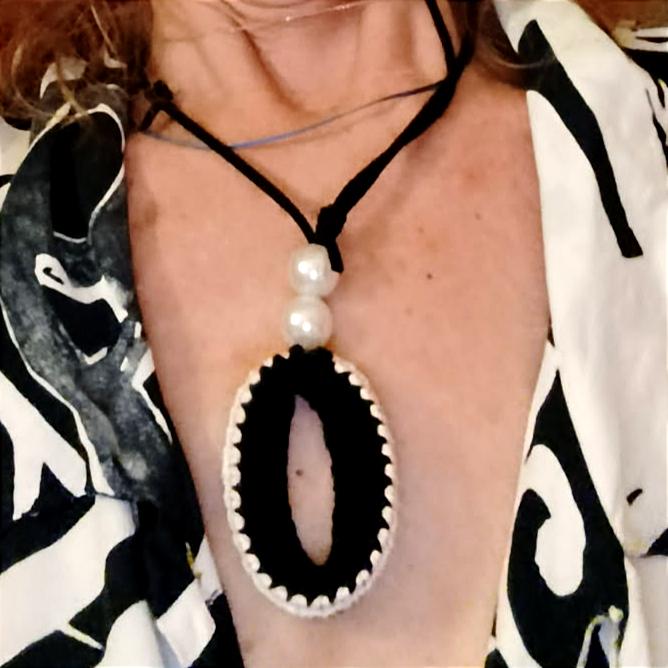 White Crochet Pendant Necklace with Pearl Beads - Adjustable Leather Cord Boho Jewelry - StepToLight
