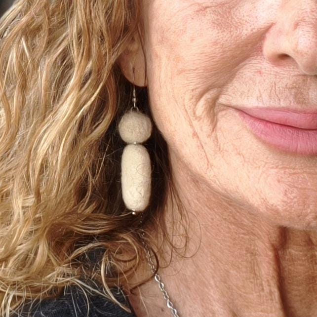 White Needle Felted Earrings Sculptural Dangle Drop Handmade Fiber Jewelry Gift - StepToLight