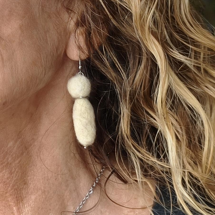 White Needle Felted Earrings Sculptural Dangle Drop Handmade Fiber Jewelry Gift - StepToLight