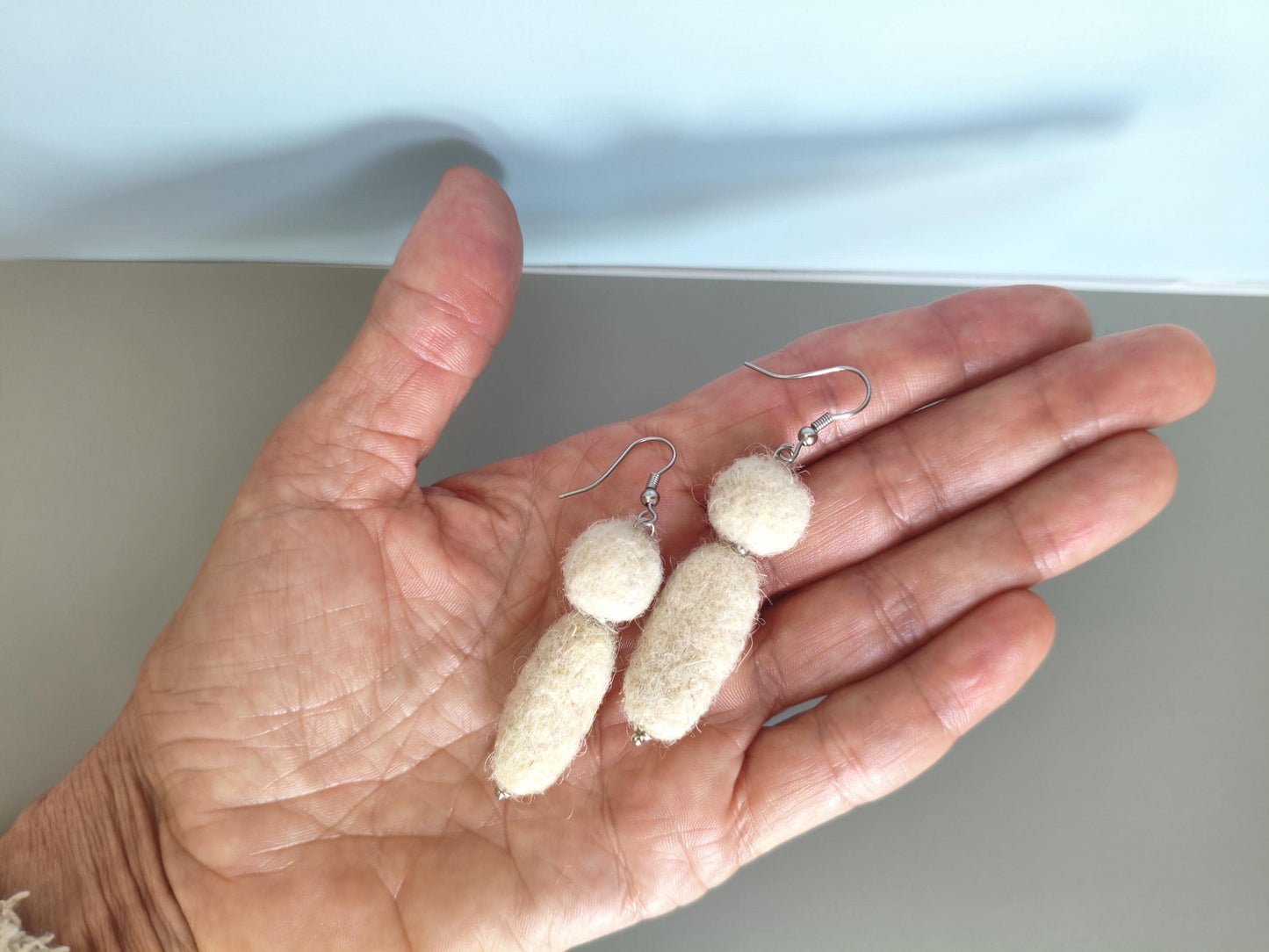 White Needle Felted Earrings Sculptural Dangle Drop Handmade Fiber Jewelry Gift - StepToLight