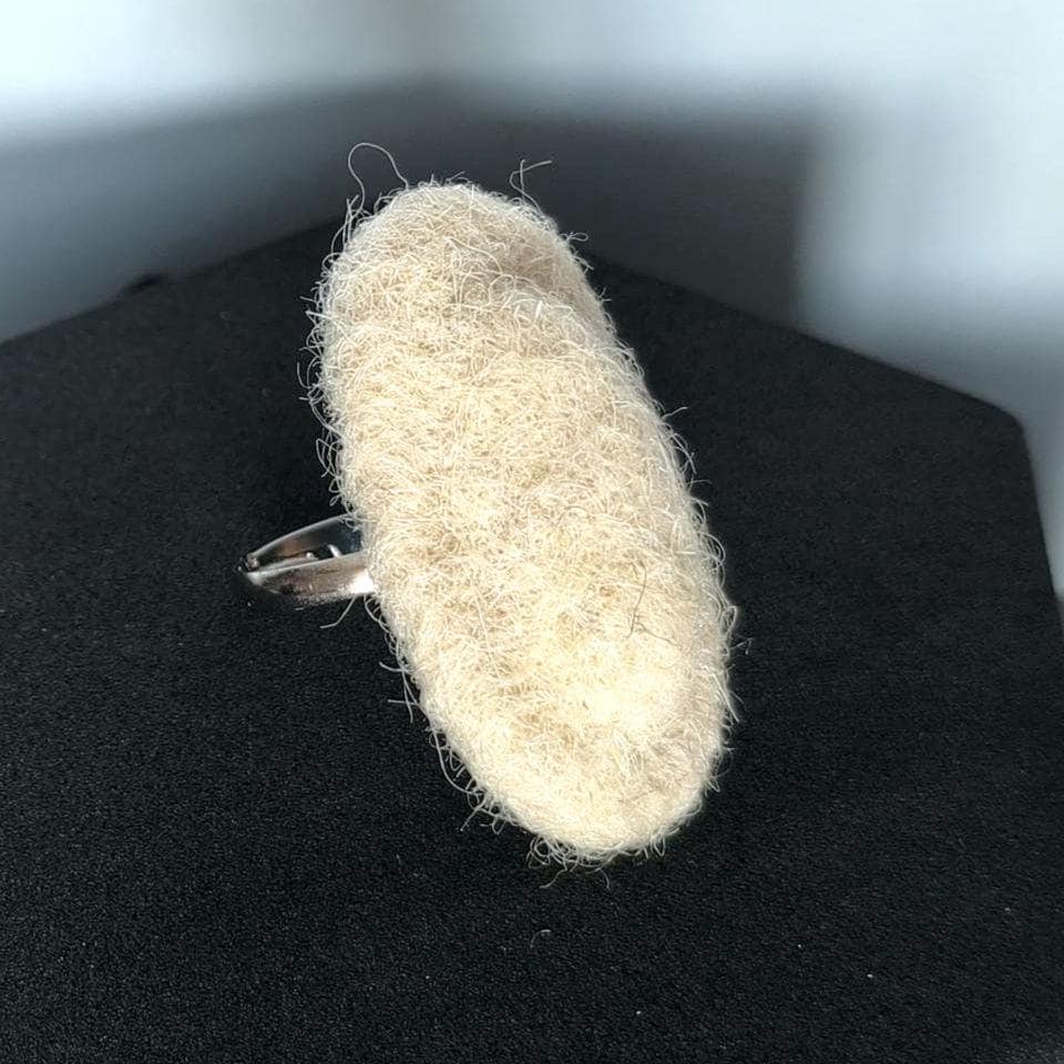 White Oval Felt Ring Sculptural Statement Handmade Fiber Jewelry Boho Gift - StepToLight