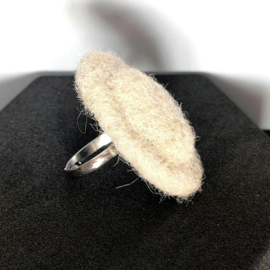White Oval Felt Ring Sculptural Statement Handmade Fiber Jewelry Boho Gift - StepToLight